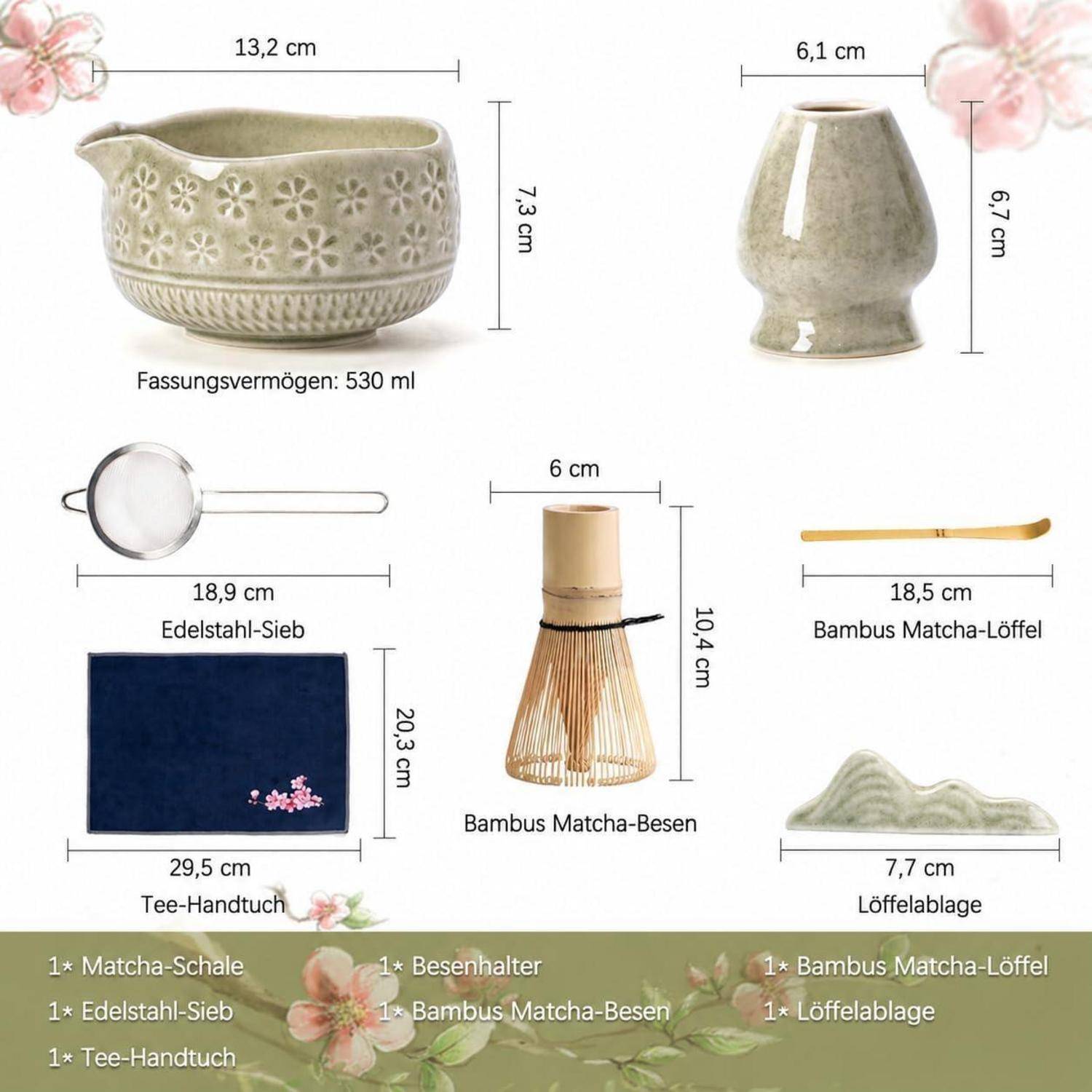 Illustriertes Matcha-Tee-Set mit beschrifteten Komponenten und Maßangaben: Schüssel, Ständer, Sieb, Besen, Löffel, Tuch und Ablage, plus enthaltene Mengen.