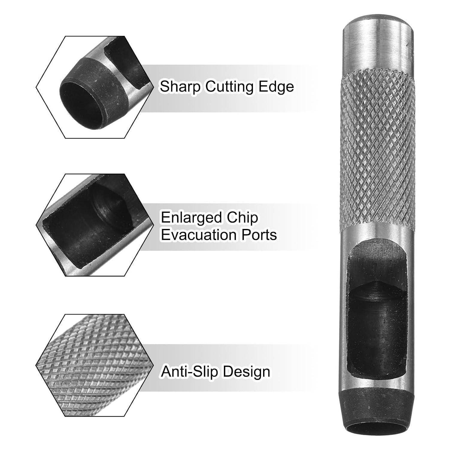 Diagramm eines Metallwerkzeugbits mit den Bezeichnungen „Scharfe Schneidkante", „Vergrößerte Spanabfuhröffnungen"" und „Rutschfestes Design"", das seine Hauptmerkmale zeigt.
