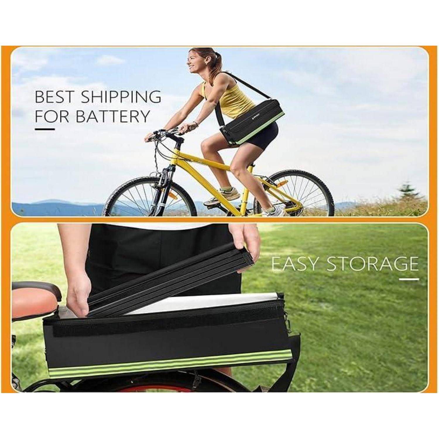 Werbegrafik mit einer Frau, die Fahrrad fährt und eine Akkutasche trägt, sowie einer Nahaufnahme des Akkupacks mit den Aufschriften „BESTER VERSAND FÜR BATTERIE" und „EINFACHE LAGERUNG"".