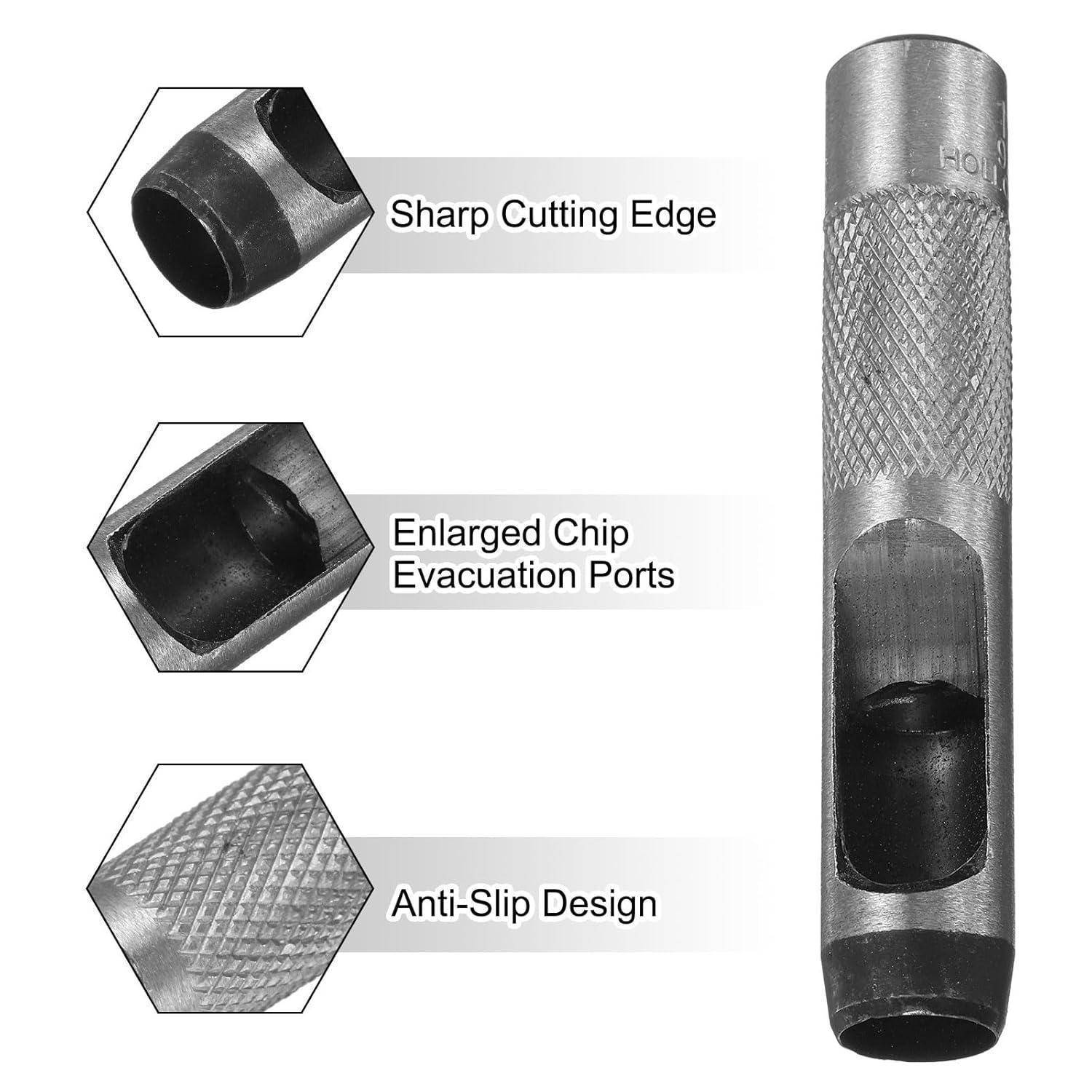 Diagramm eines Metalllochwerkzeugs mit Hervorhebung einer scharfen Schneidkante, vergrößerten Spanauswurföffnungen und rutschfestem gerilltem Design.