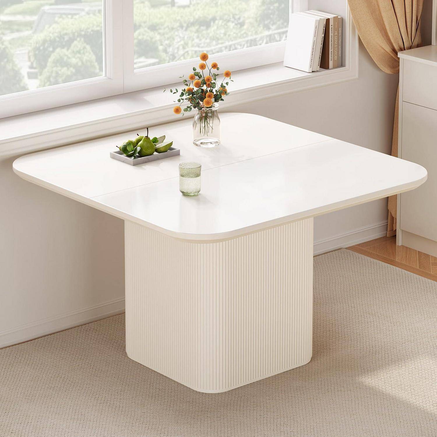 Guyii Quadratischer Esstisch Cremeweiß – Moderner Küchentisch, Design Säulenfuß, stabil, pflegeleicht und platzsparend, idealer Tisch für Küch