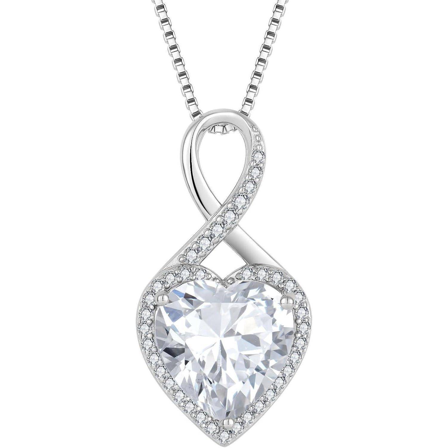 FJ Unendlichkeit Kette Damen 925 Sterling Silber Herz Geburtsstein Halskette Schmuck für Frauen Mutter Freundin Mama 04 April - Zirkonia