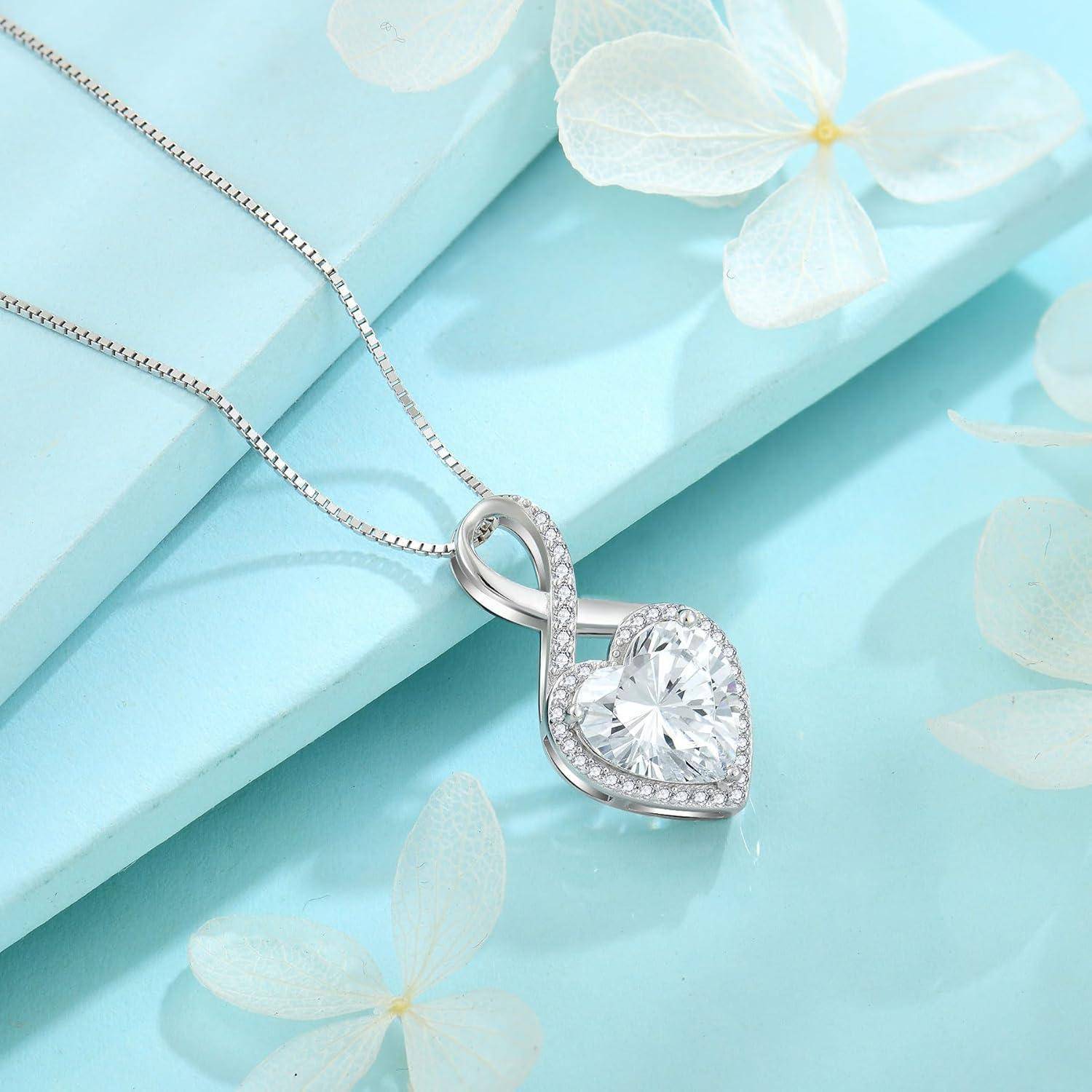 FJ Unendlichkeit Kette Damen 925 Sterling Silber Herz Geburtsstein Halskette Schmuck für Frauen Mutter Freundin Mama 04 April - Zirkonia