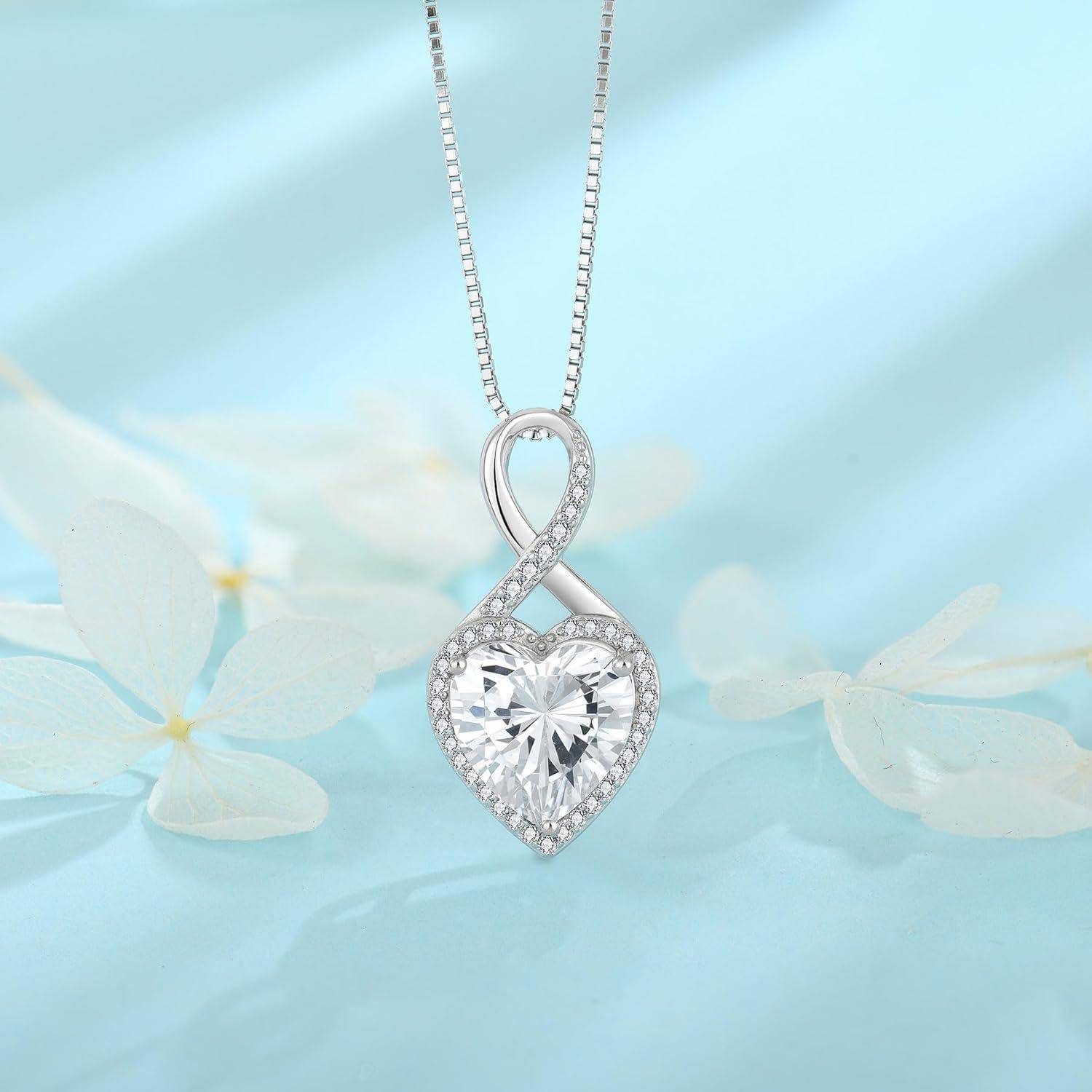 FJ Unendlichkeit Kette Damen 925 Sterling Silber Herz Geburtsstein Halskette Schmuck für Frauen Mutter Freundin Mama 04 April - Zirkonia