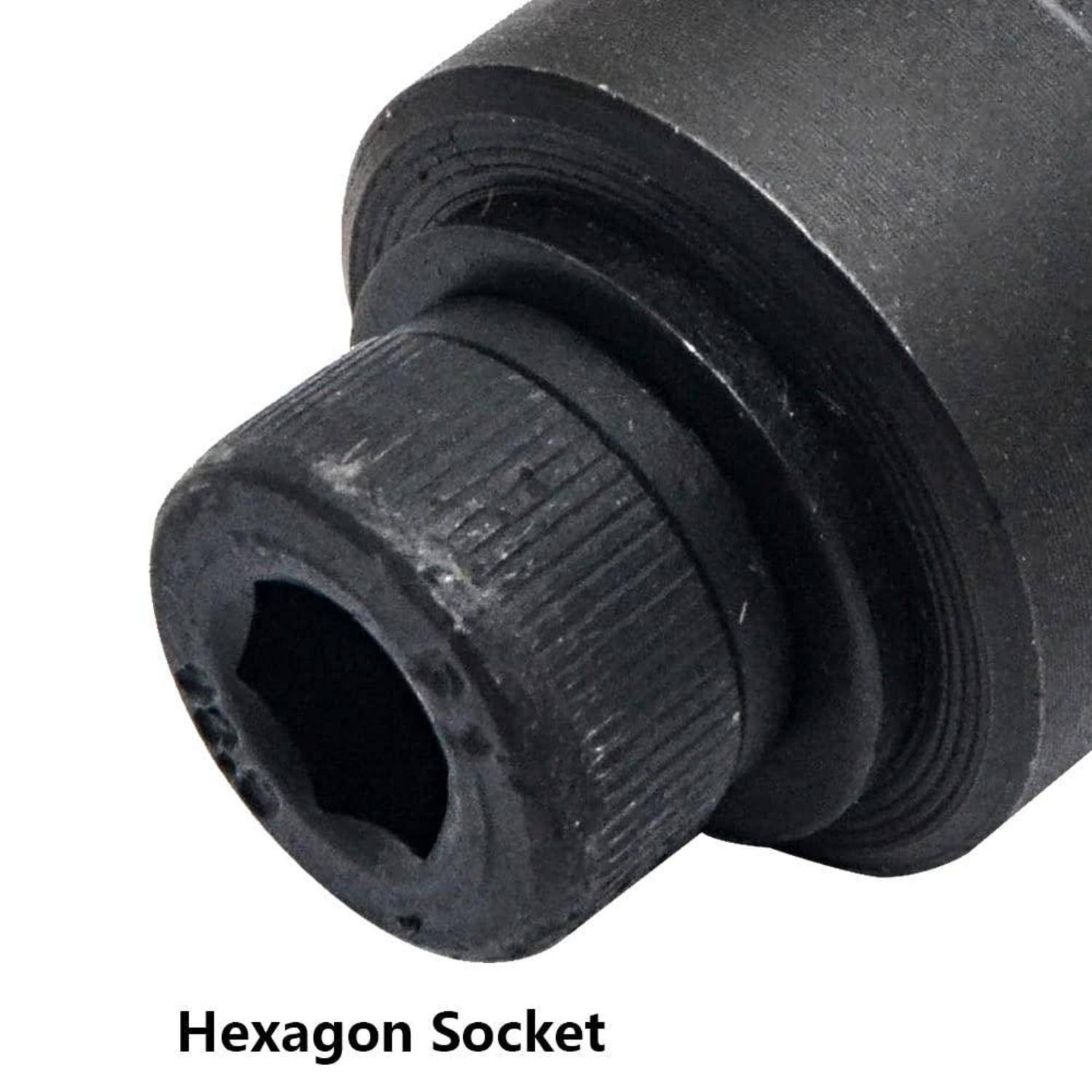 Nahaufnahme eines schwarzen Sechskant-Steckschlüssels mit strukturiertem Griff, dargestellt auf weißem Hintergrund und gekennzeichnet mit „Hexagon Socket