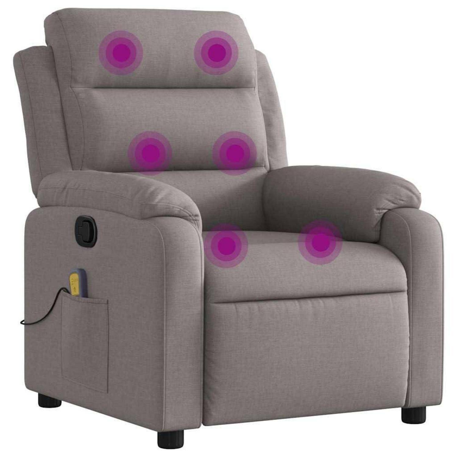 Grauer liegender Sessel mit lila Zielmarkierungen, die Massage- oder Druckpunkte auf der Kopfstütze, der Rückenlehne und dem Sitz hervorheben.