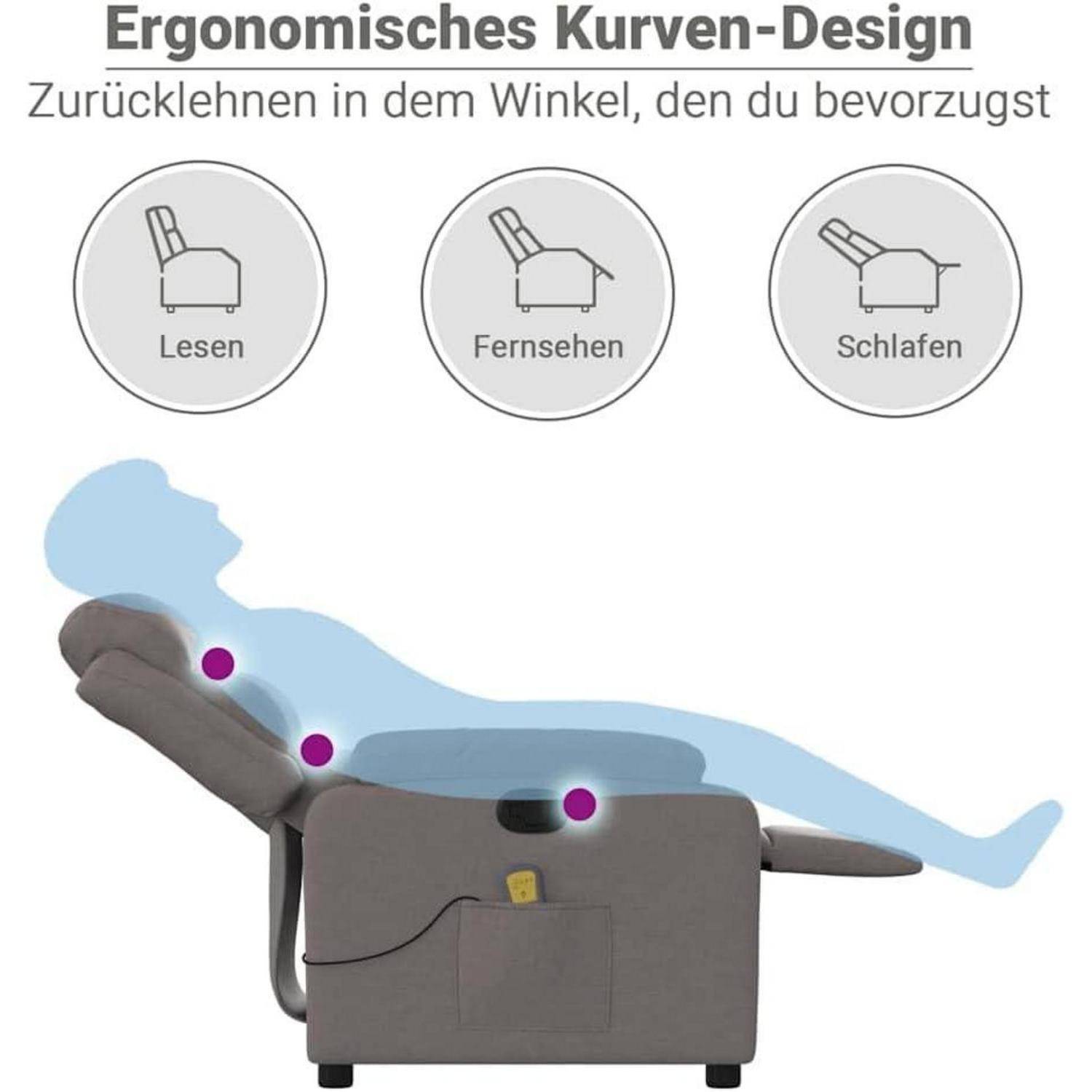 Deutscher Relaxsessel mit ergonomischem, geschwungenem Design und verstellbaren Positionen zum Lesen, Fernsehen und Schlafen, mit einer Person, die im Sessel zurücklehnt.