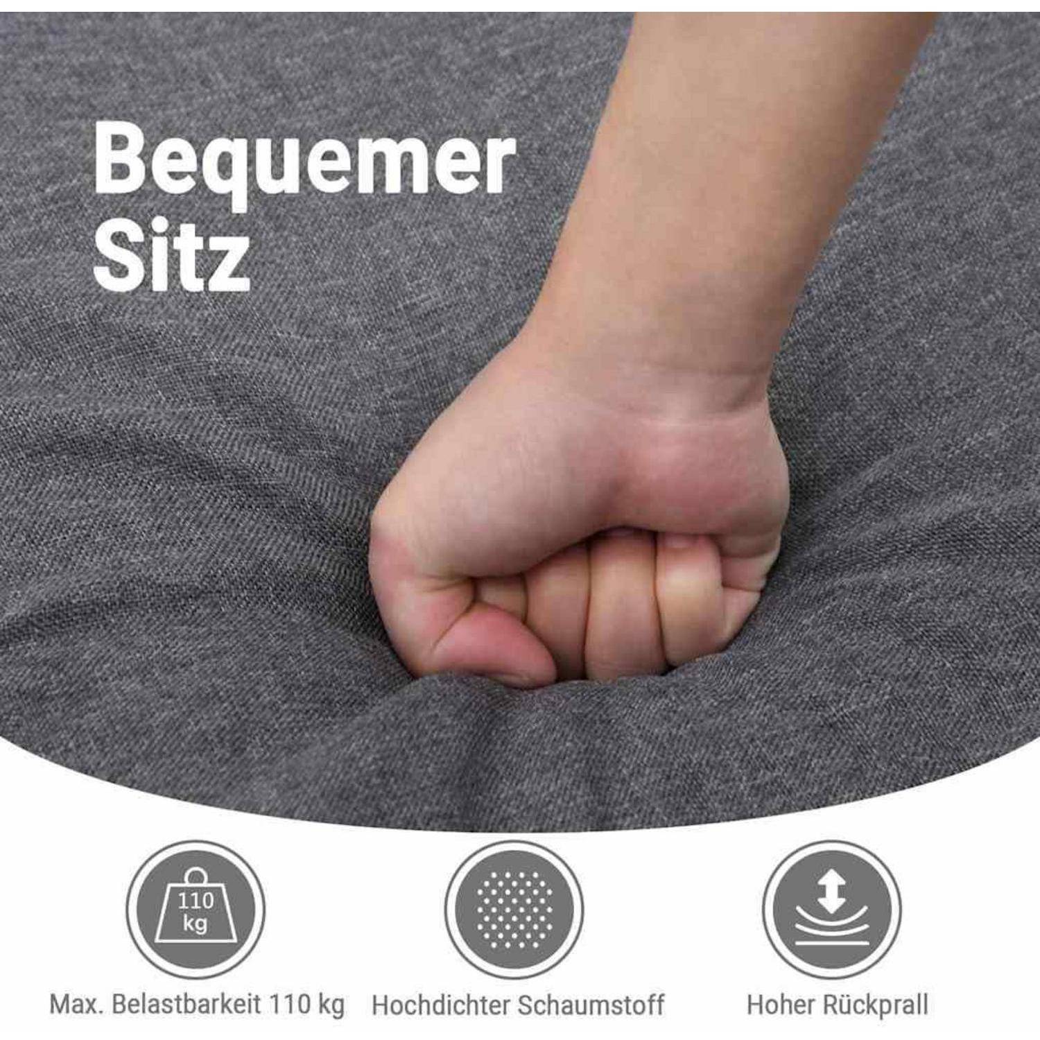 Hand drückt in ein graues Kissen, um einen bequemen Sitz zu zeigen; Text sagt „Bequemer Sitz
