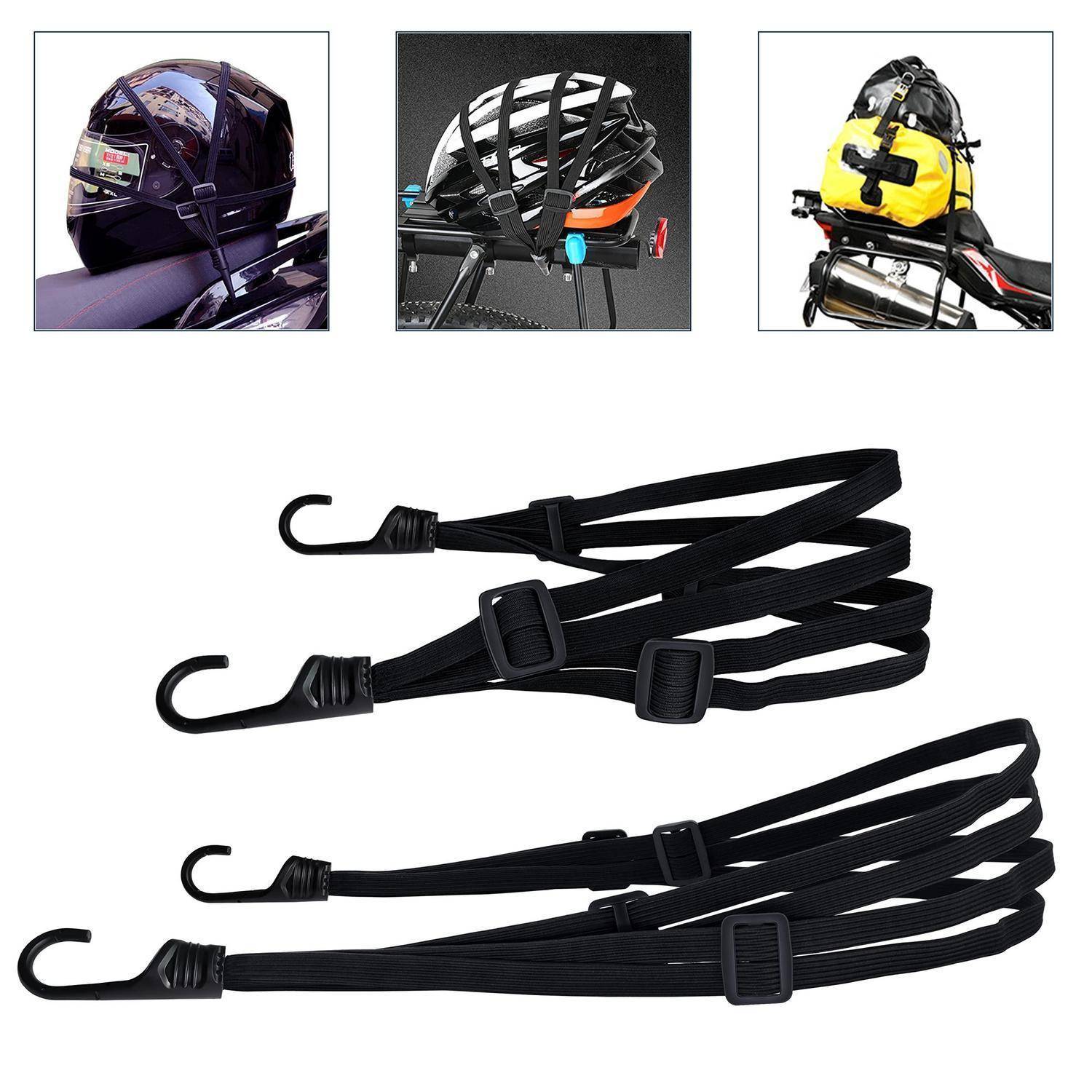 Verstellbare schwarze Helmriemen-Haken zum Sichern eines Helms oder einer Ausrüstung an einem Motorradregal, gezeigt in drei Anwendungsbeispielen.