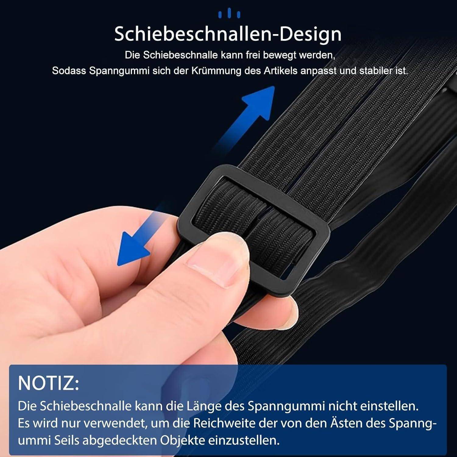 Illustration einer Schiebeschnalle auf einem elastischen Riemen, die die Einstellung für einen straffer sitzenden, stabilen Halt zeigt. Der Text merkt an, dass die Schnalle die Riemenlänge nicht verändert, sondern nur den erreichbaren Bereich.