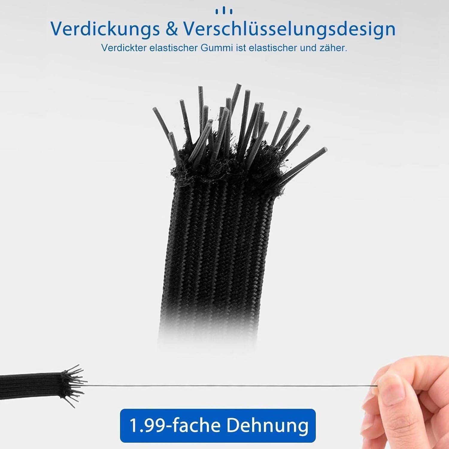 Diagramm einer schwarzen elastischen Schnur, die 1,99-mal gedehnt wird, zeigt dickeres Geflecht und ausgefranste Fasern; deutscher Text sagt „Verdickuns- & Verschlüsselungsdesign