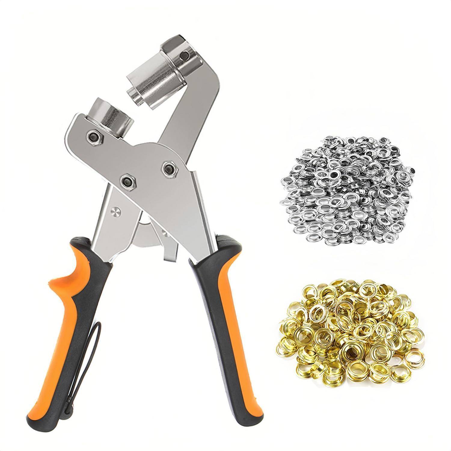 Tragbares Metallösensetzer-Werkzeug mit orange-schwarzen Griffen, dargestellt neben silbernen und goldenen Ösensets.