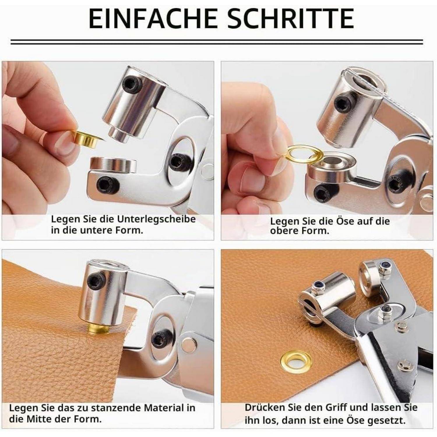 Anleitung mit dem Titel "Einfache Schritte"" zeigt, wie man eine Metallöse mit einer Presse in vier Schritten setzt.
