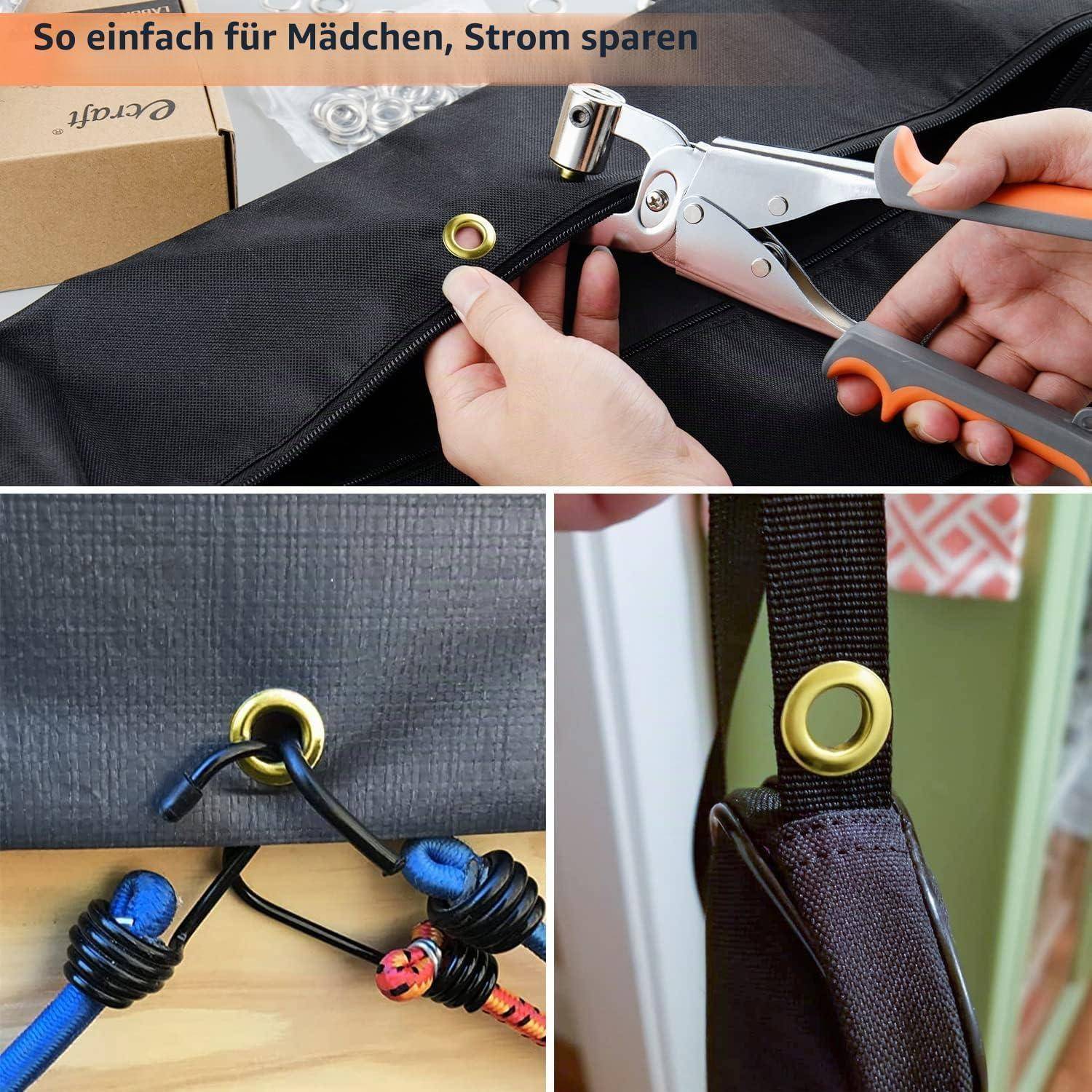 Die Collage zeigt eine Person, die Messingösen in schwarzen Stoff mit einem Lochstanzwerkzeug anbringt, sowie fertig gelagerte Schnuroschleifen in Nahaufnahme.