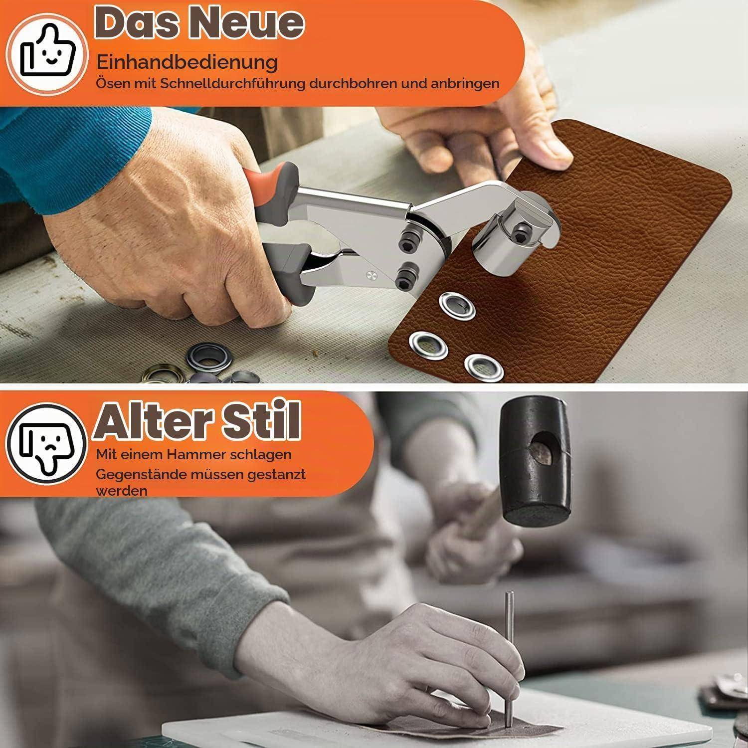Vergleichsbild zweier Ösensetzmethoden: Das "neue"" Einzelhand-Werkzeug setzt Ösen in Leder ein, versus die ""alte"" Hammer- und Durchschlagsmethode.