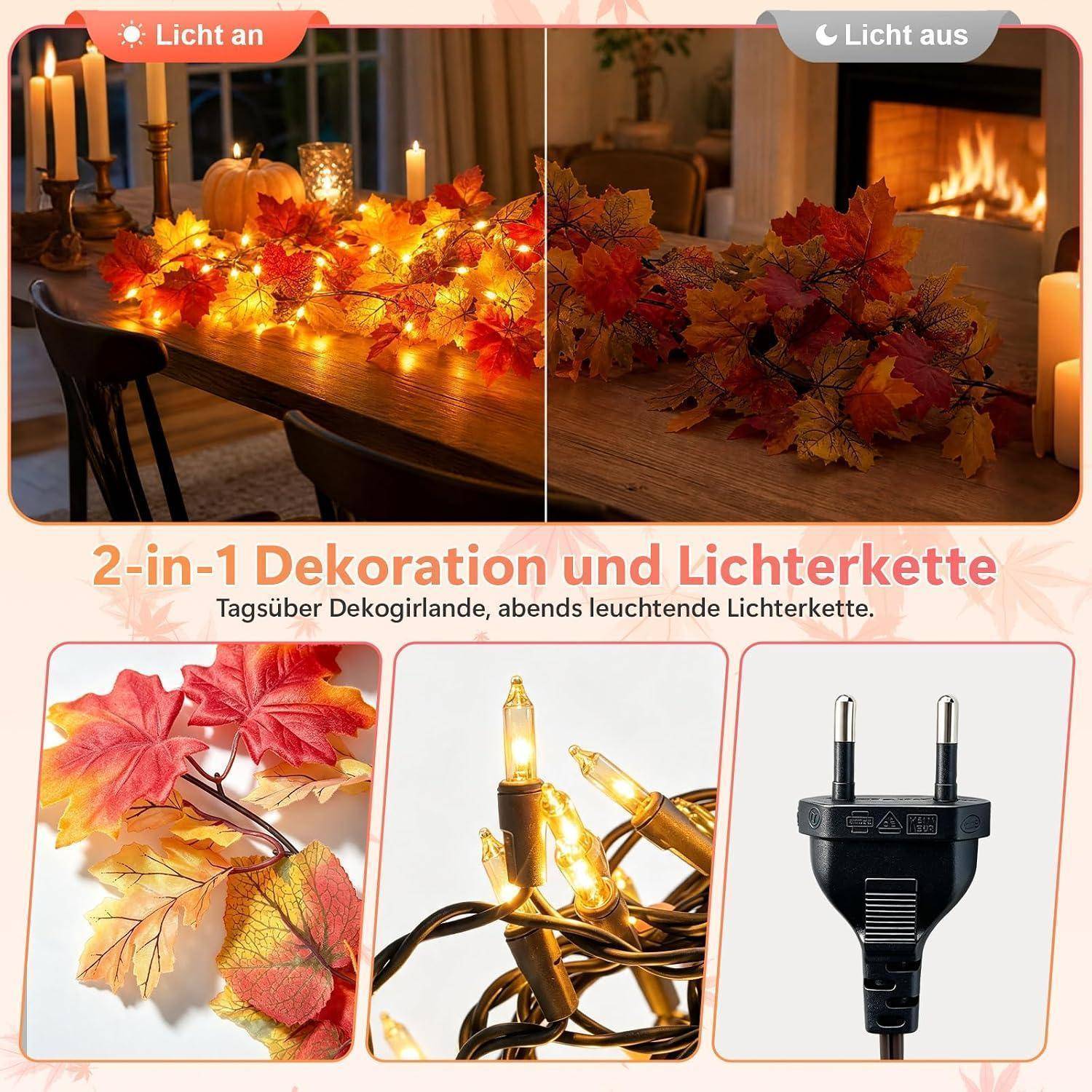 Ciskotu Herbst Ahornblätter Lichterkette mit Stecker, 3M 31Licht Herbstgirlande Lichterkette Halloween Deko, Herbst Girlande dekoration Innen und Au