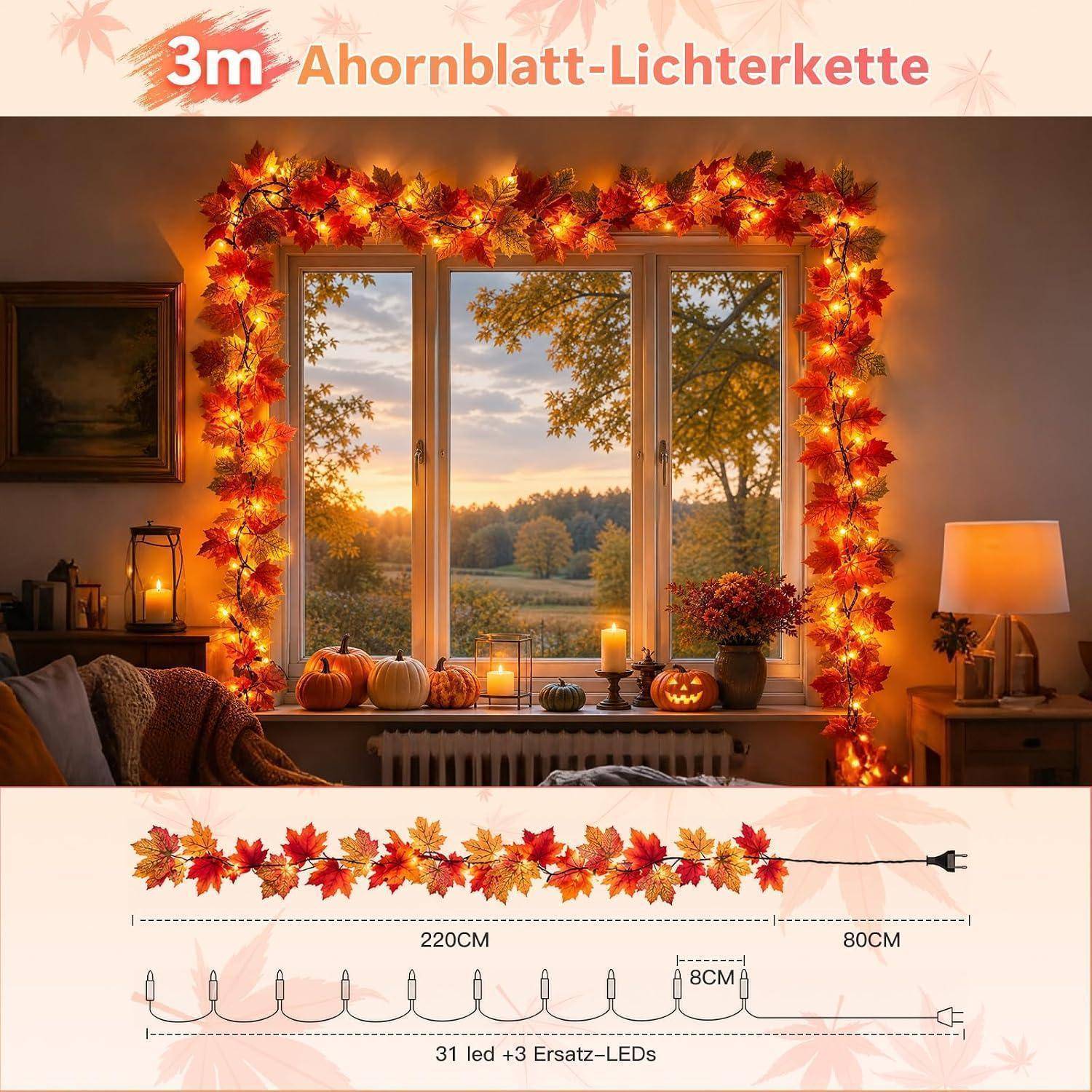 Ciskotu Herbst Ahornblätter Lichterkette mit Stecker, 3M 31Licht Herbstgirlande Lichterkette Halloween Deko, Herbst Girlande dekoration Innen und Au