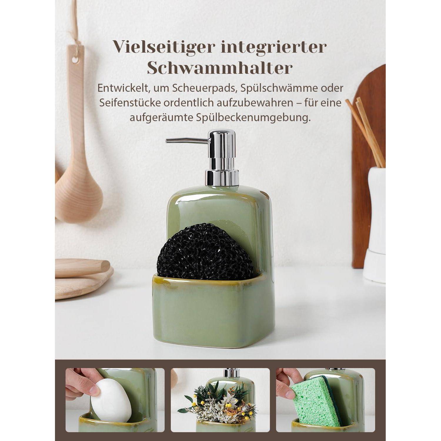 Seifenspender Grün, Keramik Spülmittelspender mit Schwammhalter für Küche, Nachfüllbarer Seifenspender Großer Flüssig-Handseifenspender für Ba