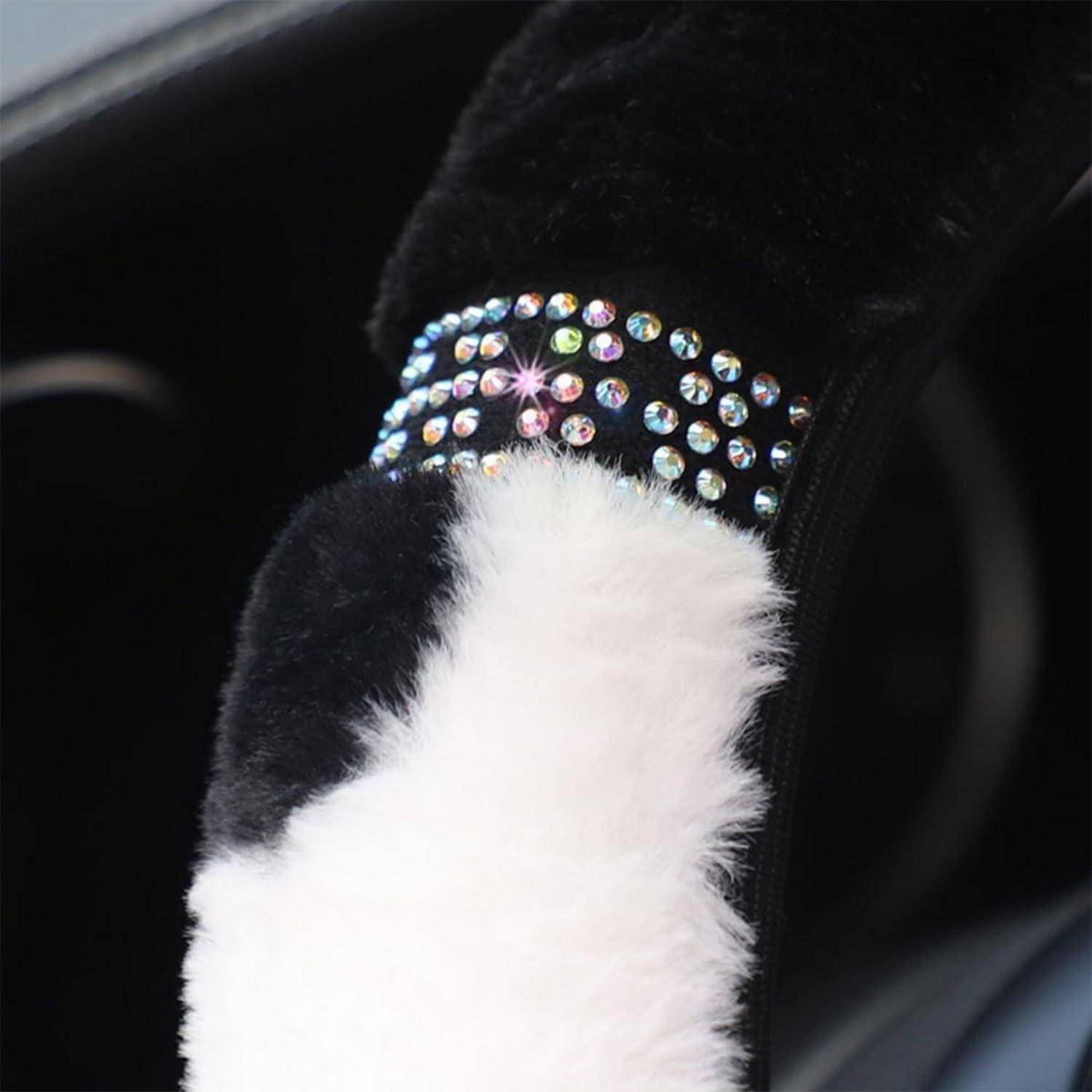 JNNJ Lenkradbezug, Winter Plüsch Warm rutschfest Lenkrad Abdeckung Lenkradschutz, Lenkradhülle Mit Kuhdruck, Glitzer Auto Lenkradbezug Mit Bling Str