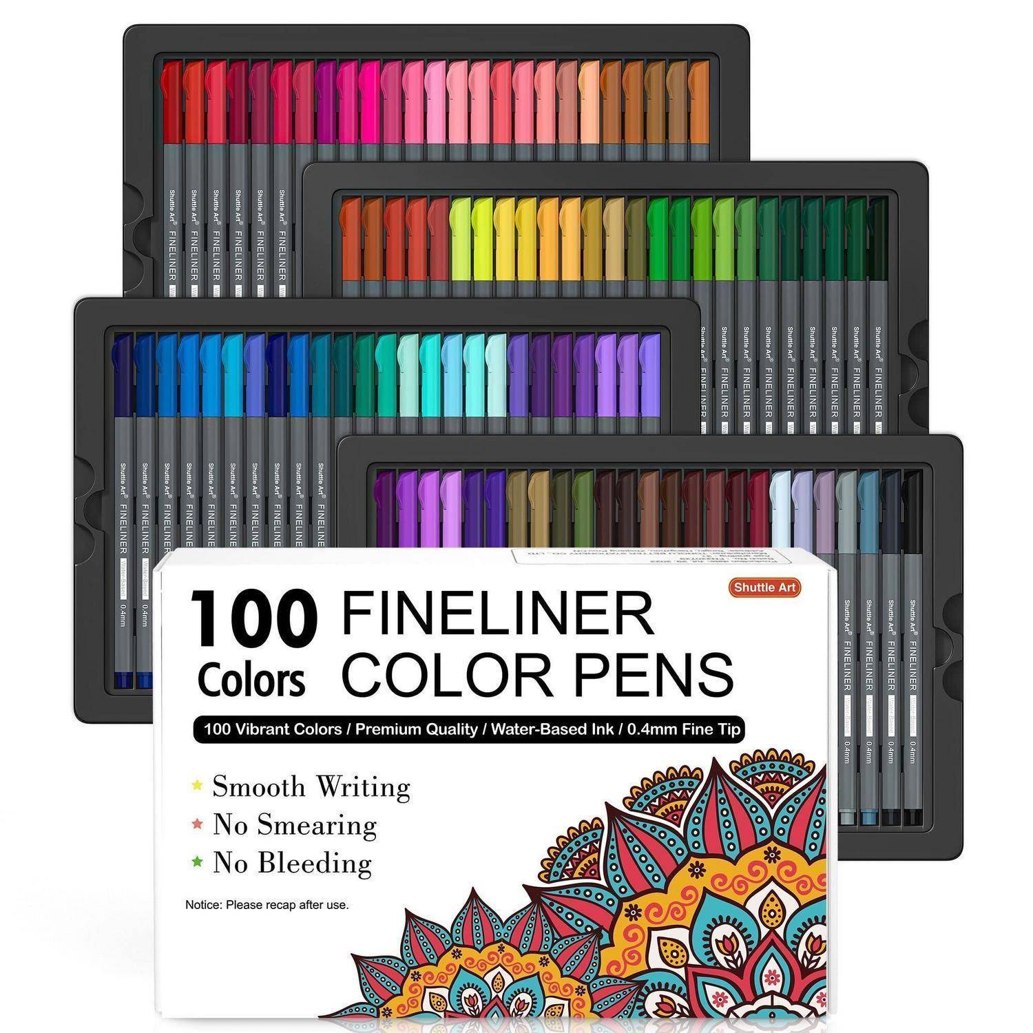 Satz von 100 Feinlinien-Farbstiften in vier schwarzen Etuis, nach Farbe sortiert, mit einer weißen Schachtel mit der Aufschrift „100 FINELINER COLOR PENS