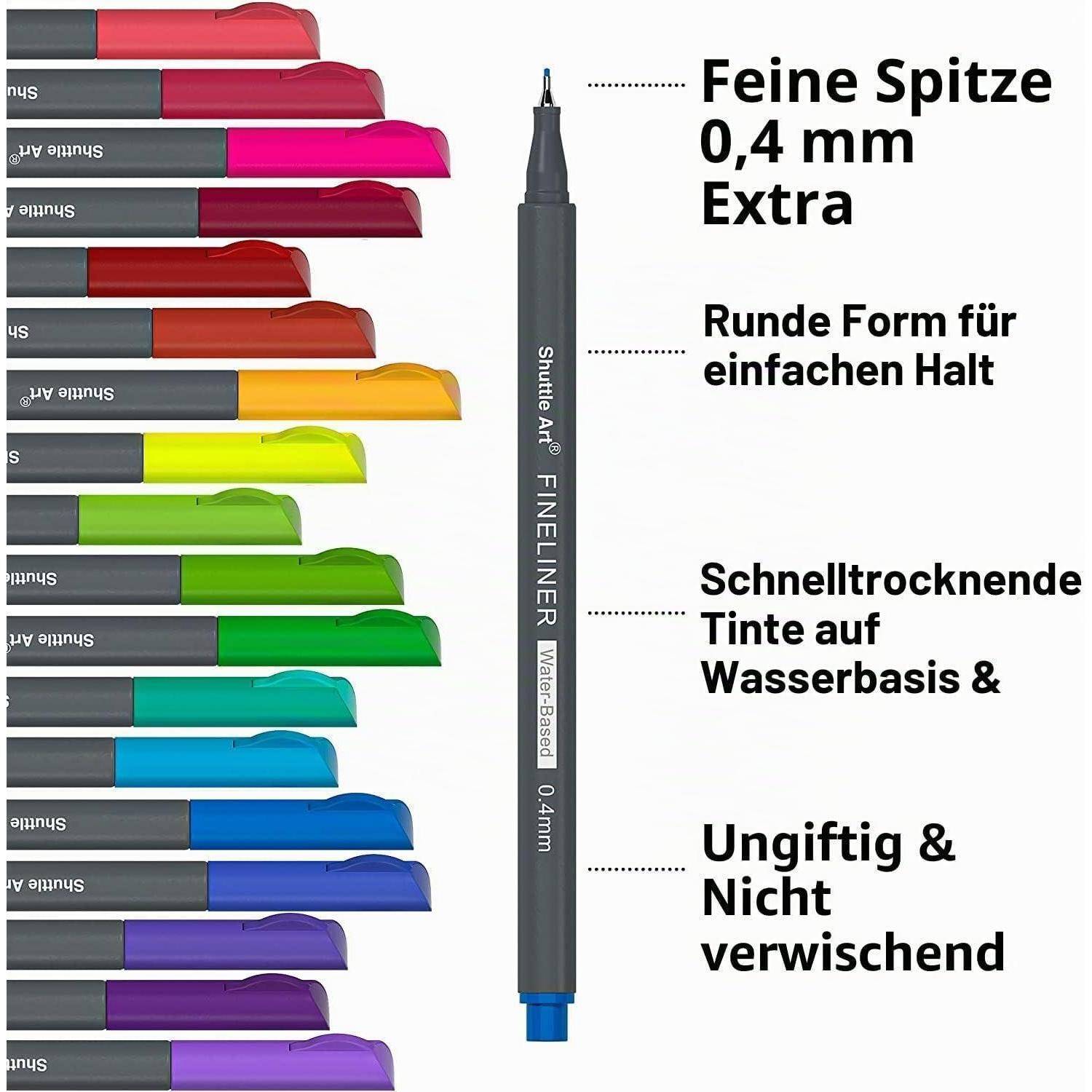 Anzeige für einen Fine-Liner-Stift mit 0,4 mm extra feiner Spitze, rundem Griff, schnelltrocknender wasserlöslicher Tinte, ungiftig und fleckenresistent, gezeigt mit mehreren Tintenfarben.