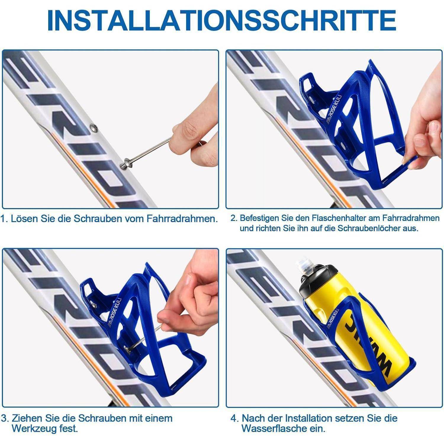 Anleitung zur Installation von Fahrradflaschenhaltern in vier Schritten: Rahmenbolzen lockern, blauen Halter ausrichten und befestigen, anziehen und anschließend Flasche einsetzen.