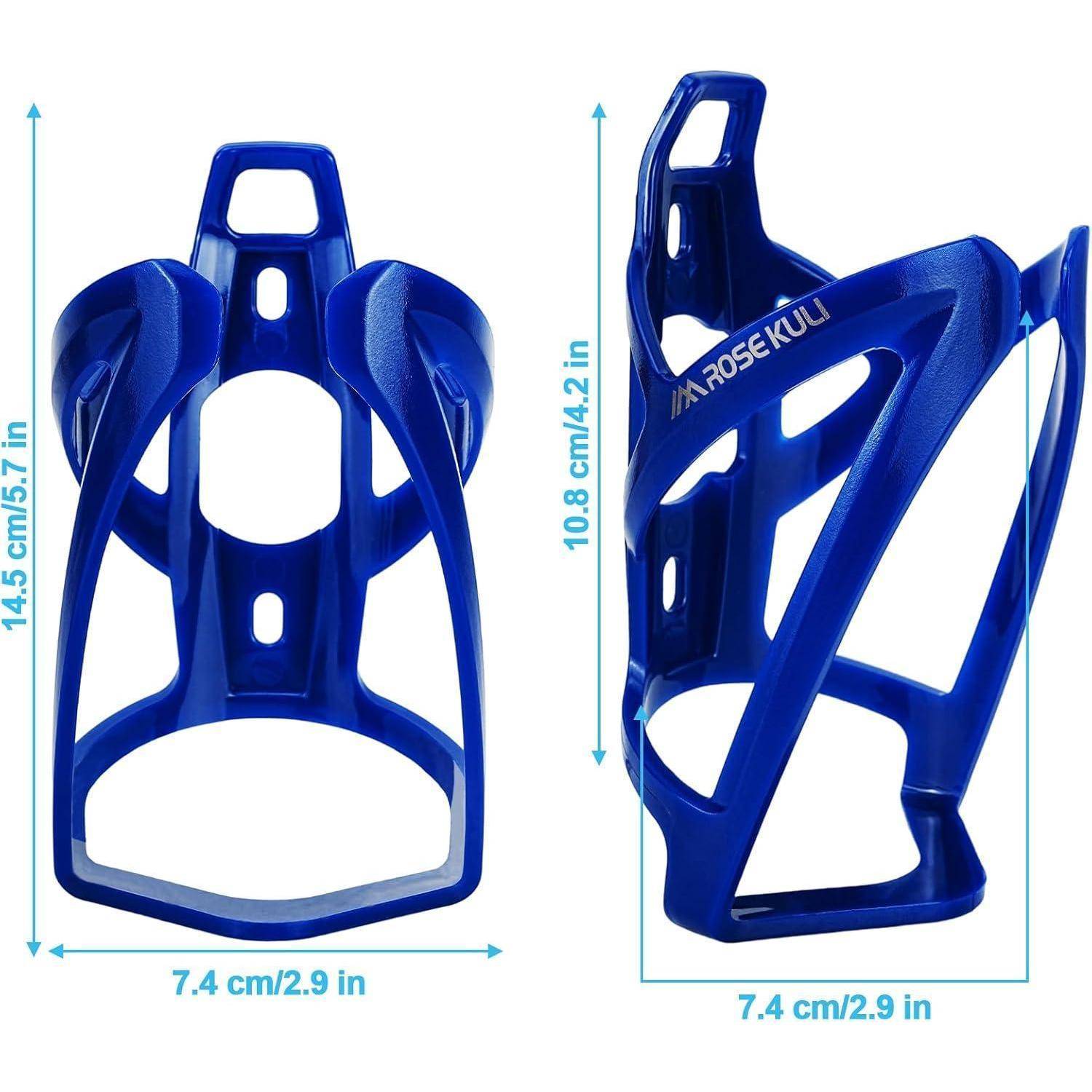 Blauer Flaschenhalter für Fahrräder, Vorder- und Seitenansicht, mit Abmessungen von 14,5 cm Höhe und 7,4 cm Breite.