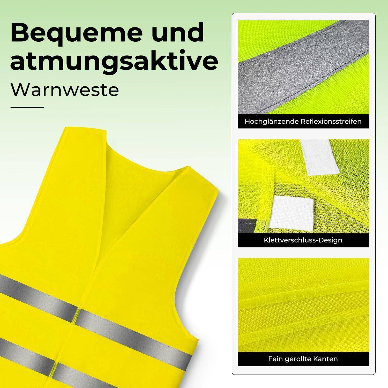 Leuchtend gelbe atmungsaktive Sicherheitsweste mit reflektierendem Streifen; deutscher Text hebt bequeme Passform, hochsichtbarer reflektierender Streifen, Klettver­schluss und gerollte Kanten hervor.