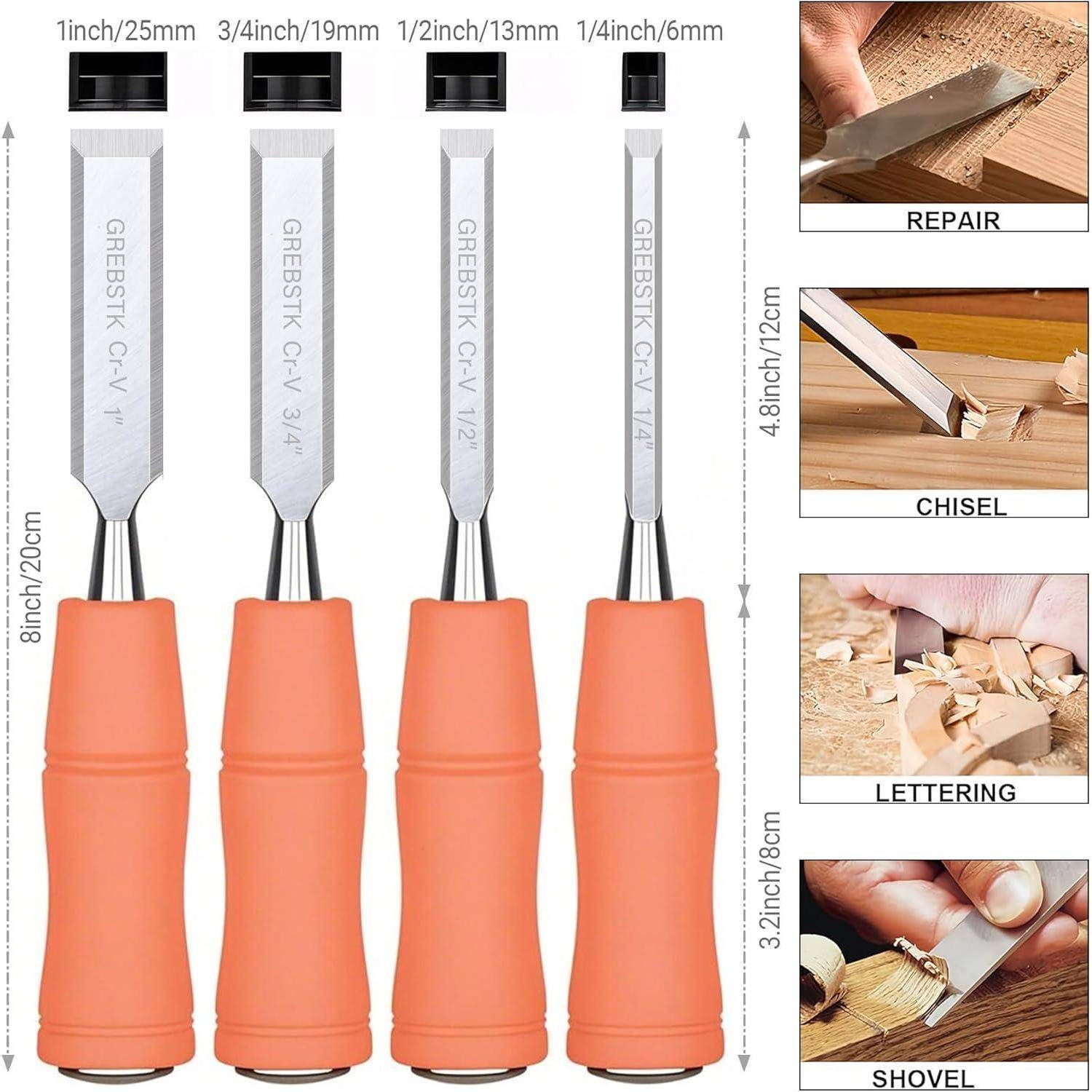 Bild von vier Holzmeißeln mit orangefarbigen Griffen in den Größen 1/4, 3/8, 1/2 und 1 Zoll, mit eingeblendeten Beispielen für Reparatur-, Meißel-, Beschriftungs- und Schrapagenverwendungen.