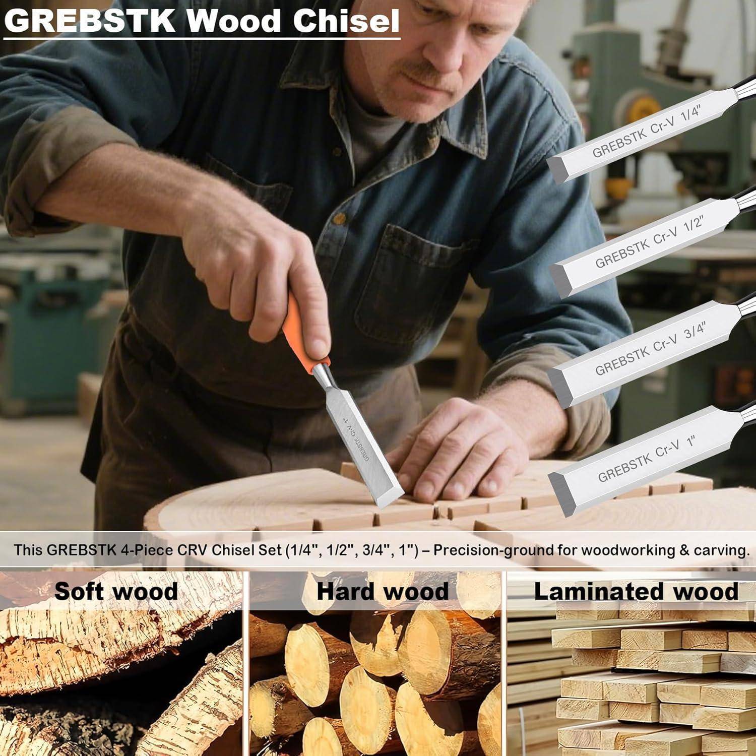 Holzarbeiter bearbeitet ein Brett mit einem GREBSTK Holzmeissel; das Produktbild zeigt ein 4-teiliges CRV-Meisselset für Weich-, Hart- und Sperrholz.