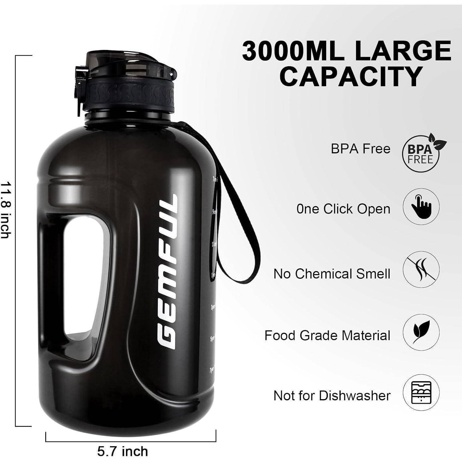 GEMFUL 3 Liter-Sport trinkflasche, BPA-frei, auslaufsicheres Design mit Strohhalm und Zeitmarkierungen, ideal für Fitness, Büro, Yoga und Outdoor-Ak