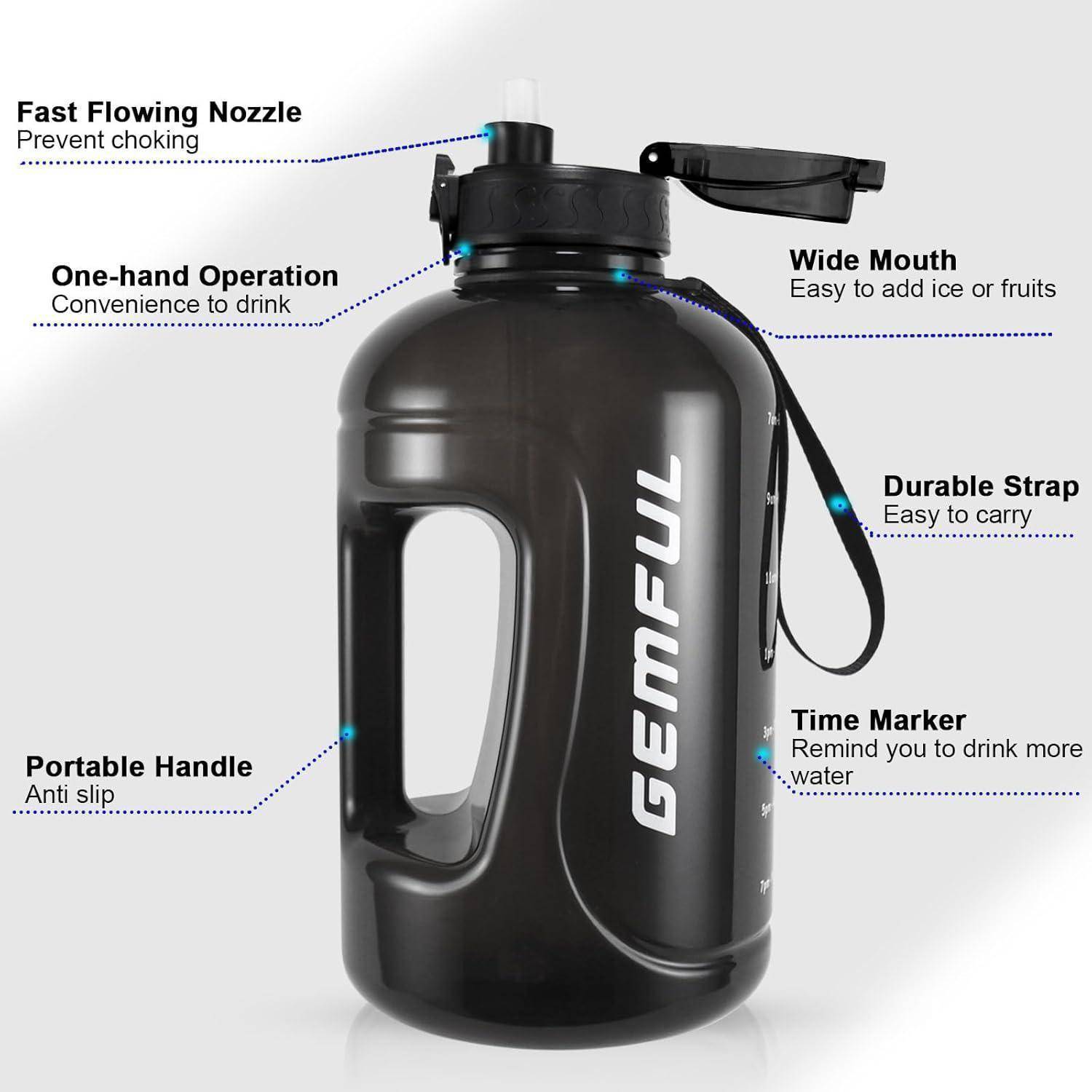 GEMFUL 3 Liter-Sport trinkflasche, BPA-frei, auslaufsicheres Design mit Strohhalm und Zeitmarkierungen, ideal für Fitness, Büro, Yoga und Outdoor-Ak