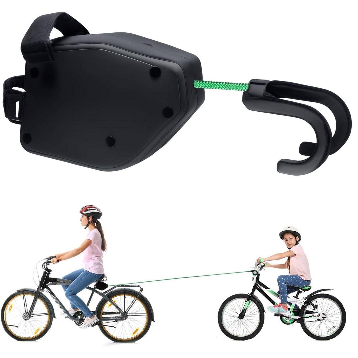 Fahrrad-Zugriemen mit Griff und Seil, gezeigt beim Ziehen eines Kinderfahrers hinter einem erwachsenen Fahrer zur Zugunterstützung.