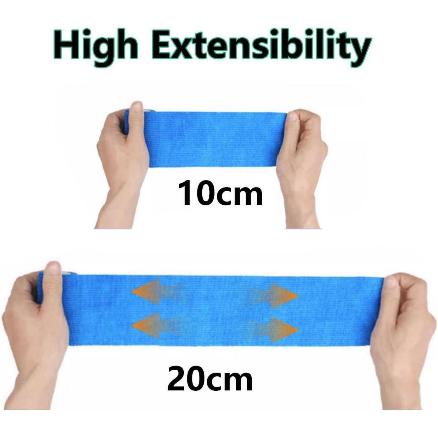 Illustration mit der Bezeichnung „Hohe Dehnbarkeit", die ein blaues Gummiband zeigt, das von zwei Händen von 10 cm auf 20 cm gestreckt wird.