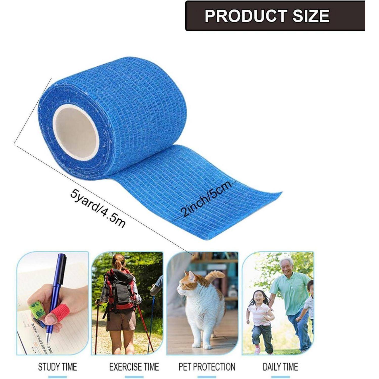Produktgrößen-Grafik für eine blaue Klebeband-Rolle, mit der Bezeichnung 5 Yard/4,5 m x 2 Zoll/5 cm, mit Anwendungen für Lernzeit, Trainingszeit, Tierschutz und tägliche Nutzung.