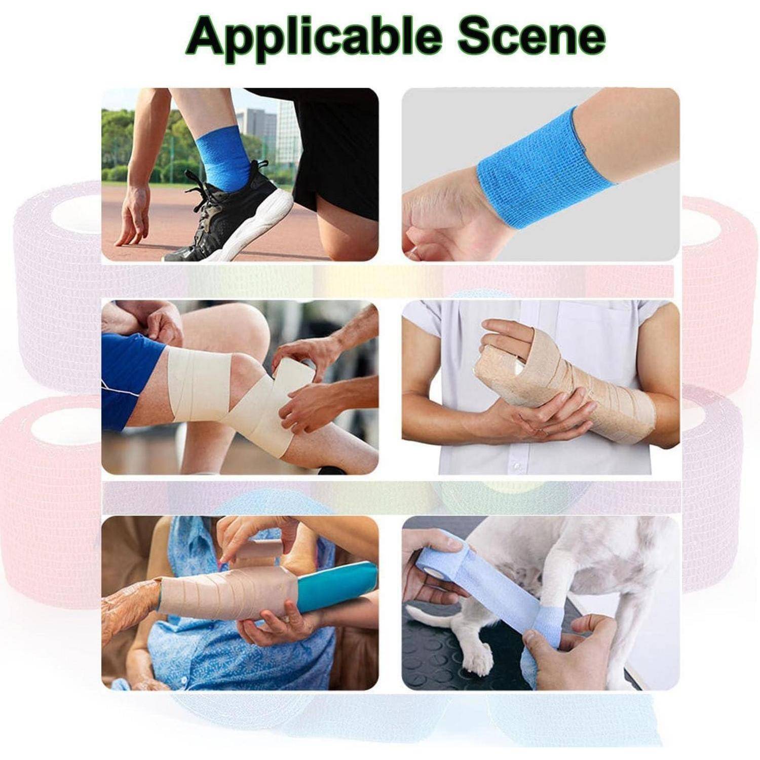 Collage mit dem Titel "Anwendbare Szene"", das elastische Bandagen zeigt, die um Knöchel, Handgelenk, Knie, Arm und das Bein eines Hundes gewickelt sind, um Unterstützung oder Verletzungspflege zu bieten.