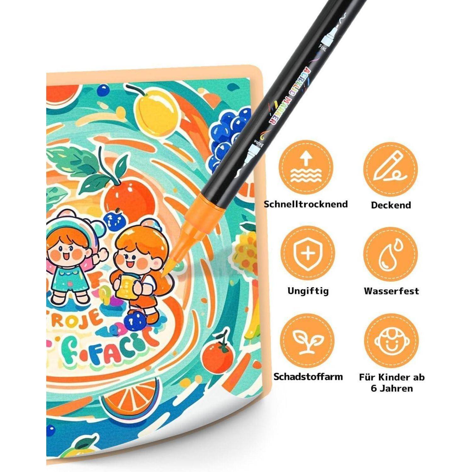 Orangenfarbener Malstift auf einem bunten Kinderaktivitätsblatt; Symbole besagen „Schnelltrocknend