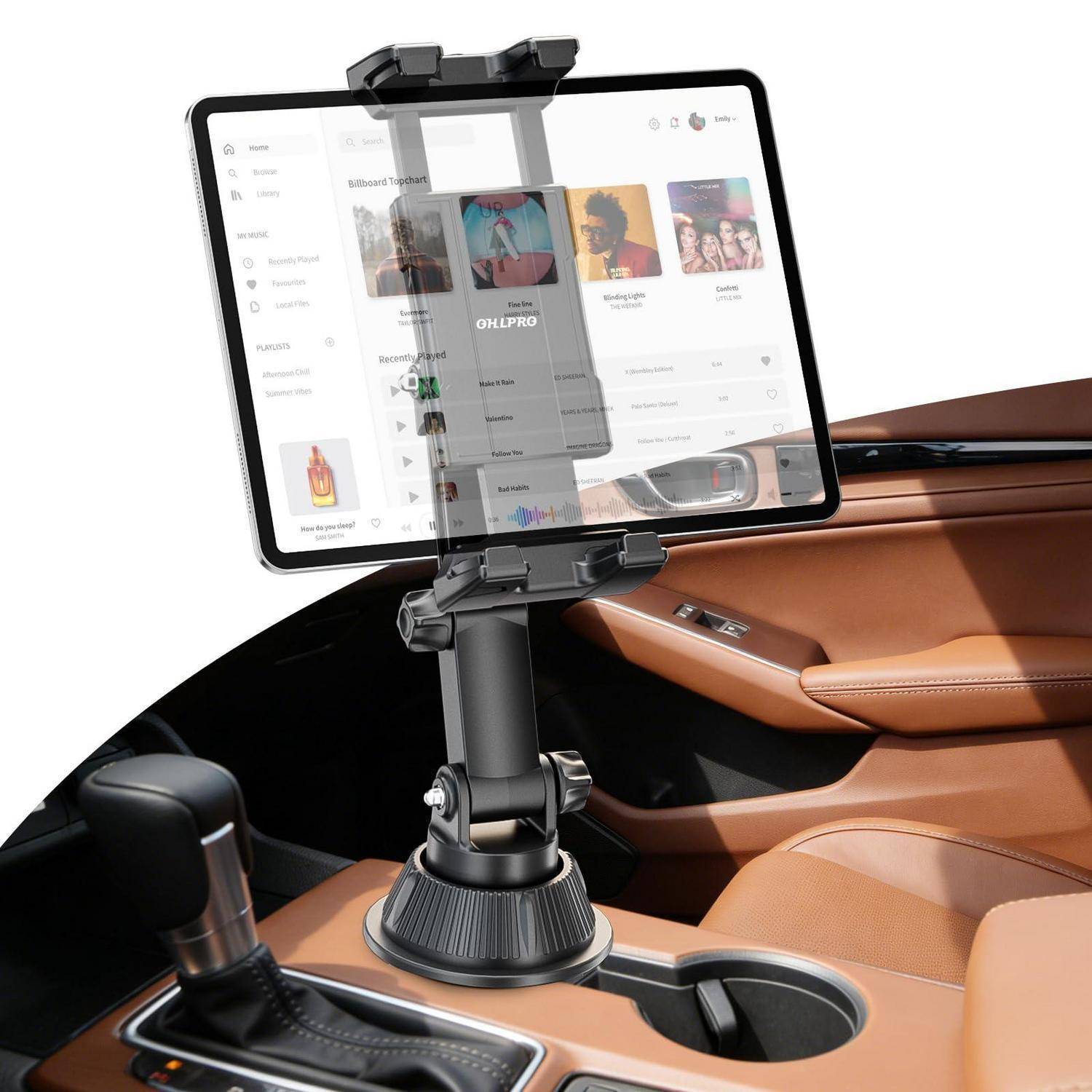 Tablet auf einer verstellbaren Autoshalterstütze auf dem Armaturenbrett eines Luxusfahrzeugs montiert, positioniert für freihändige Nutzung.