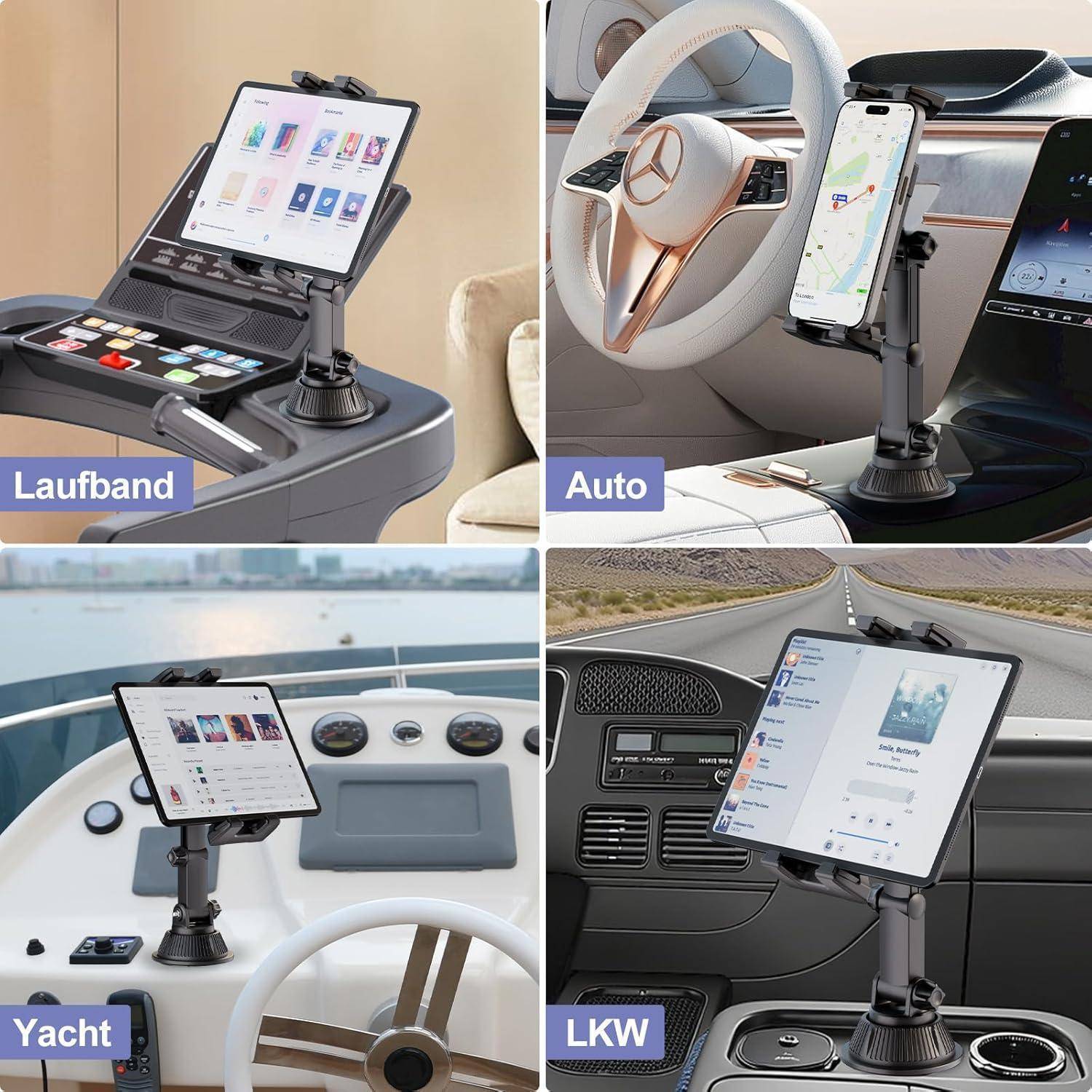 Vier Halterungen halten ein Tablet/Telefon auf einem Laufband, in einem Auto, auf einer Yacht und in einem Lastwagen und zeigen verstellbare Saugnapf-Halter für verschiedene Fahrzeuge.