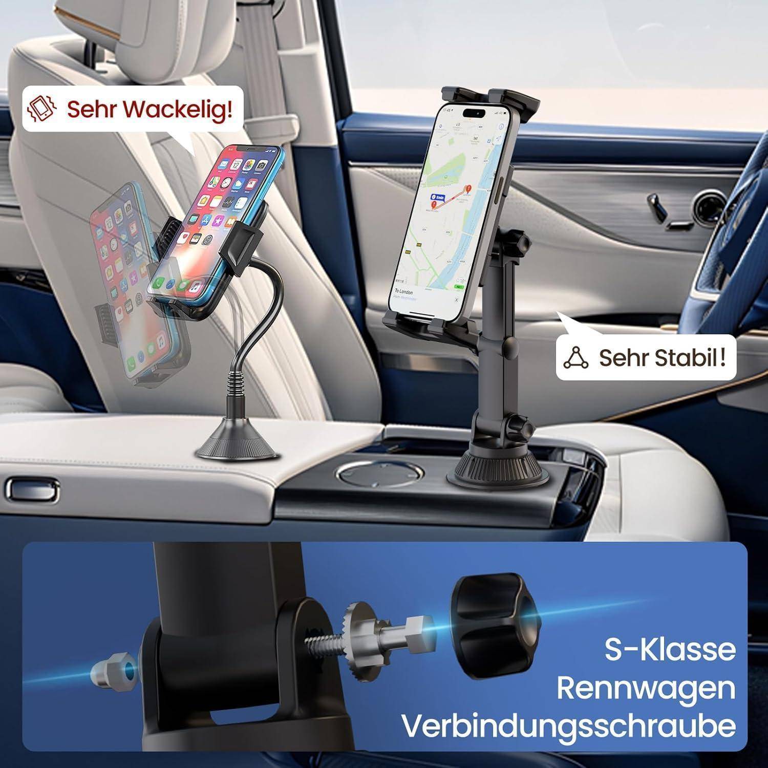Vergleich von zwei Autotelefonhaltern in einem Fahrzeug: einer mit der Bezeichnung „Sehr Wackelig!" mit einer wackeligen Saugnapfhalterung und einer mit der Bezeichnung „Sehr Stabil!"" mit einer stabileren Klemmenhalterung; die Innenansicht zeigt eine „S-Klasse Rennwagen Verbindungsschraube"" Anschlussschraube.