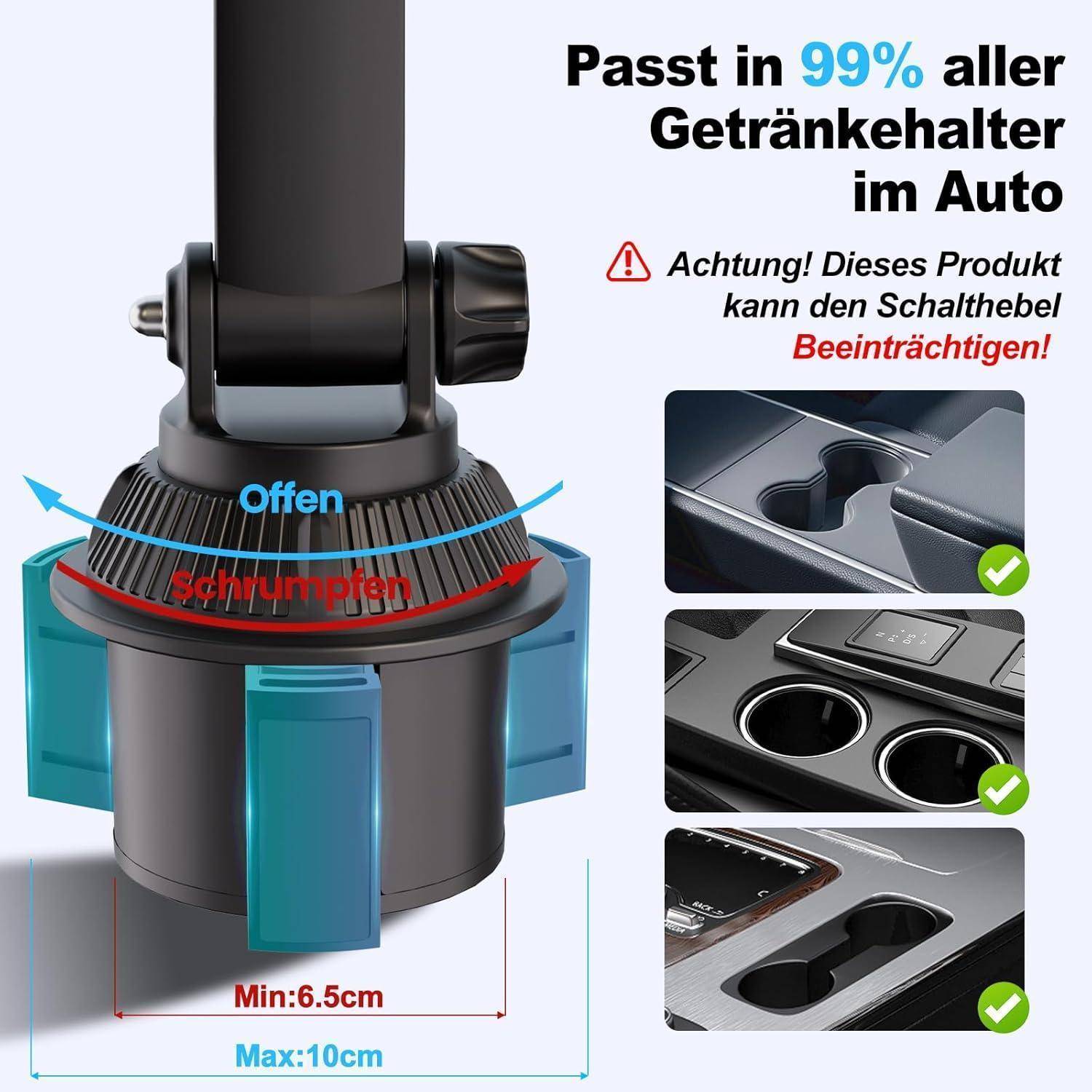 Produktgrafik mit verstellbarem Getränkehalter-Einsatz für Autos; expandiert „offen" und schrumpft „geschrumpft"", um in Öffnungen von 6,5–10 cm zu passen, mit einer Warnung, dass er den Schaltknüppel behindern kann, und Beispielen kompatibler Mittelkonsolen.