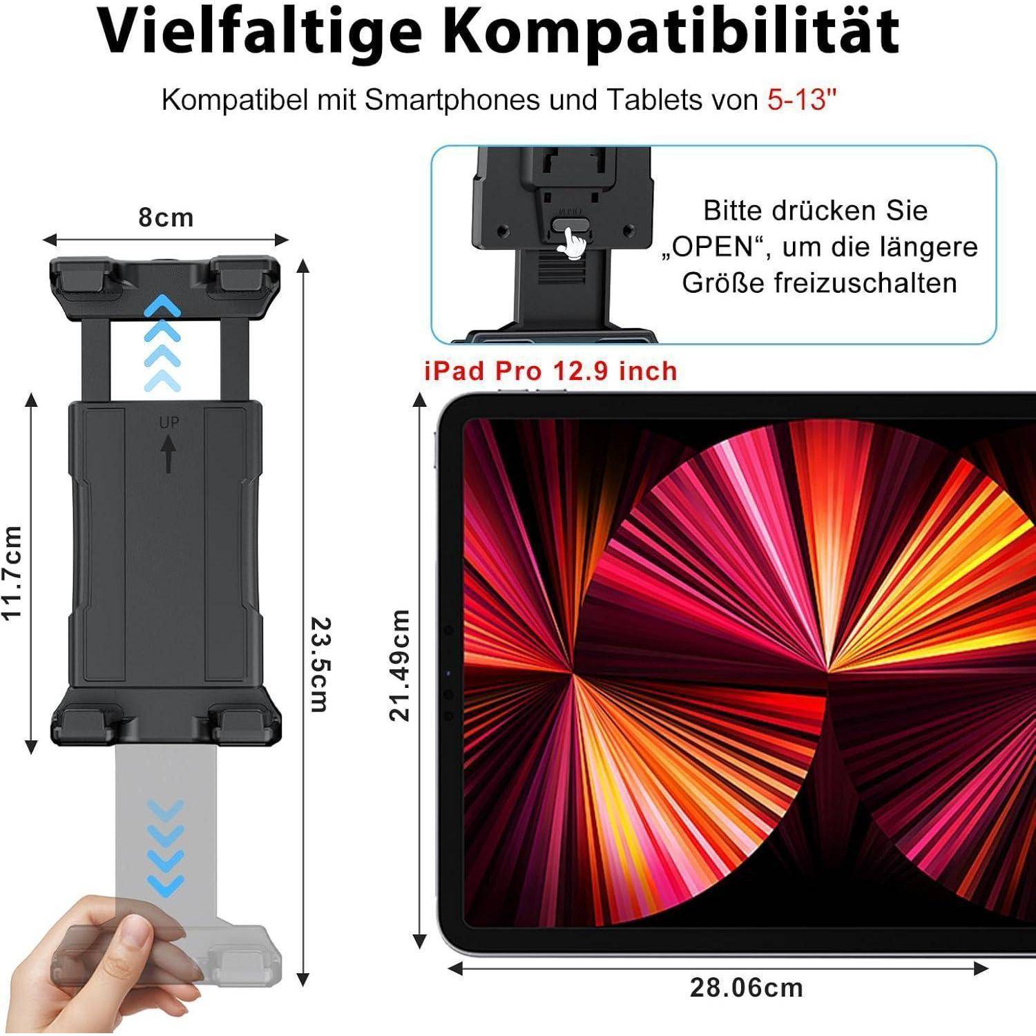 Produktdiagramm für eine Telefon-/Tablethalterung, verstellbar für 5-13 Zoll Geräte, mit Abmessungen und einer Anweisung, "ÖFFNEN"" zu drücken, um die größere Größe freizuschalten.