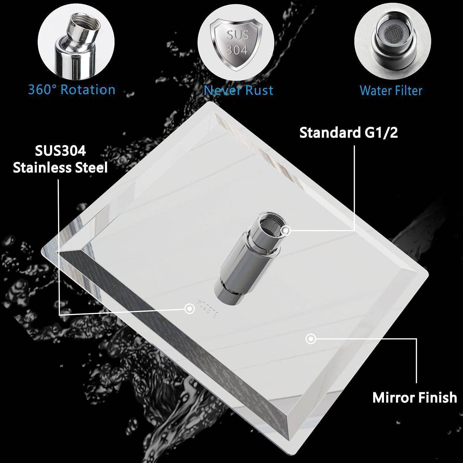 Diagramm eines Edelstahlduschkopfs mit 360°-Drehung, SUS304-Material, Wasserfilter, standardmäßigem G1/2-Anschluss und Spiegelfinish.
