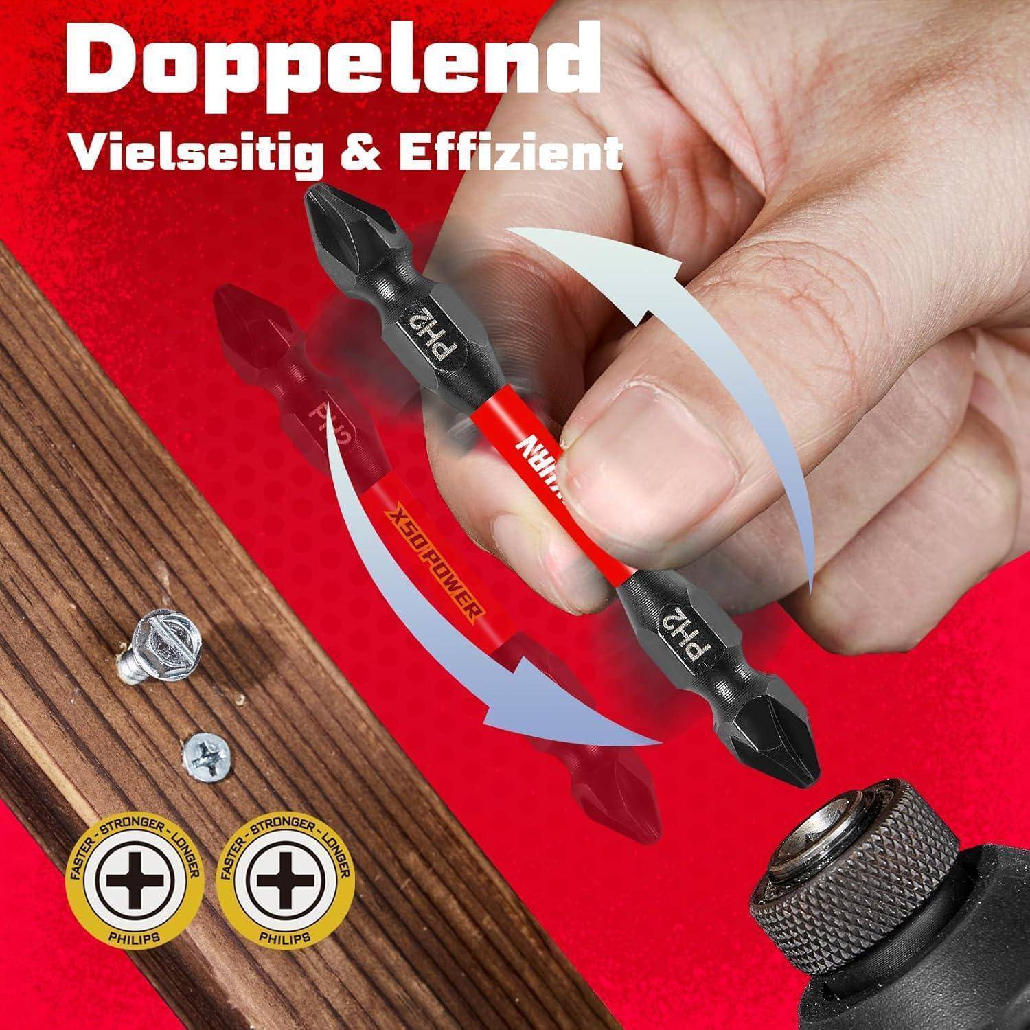 Hand hält einen doppelseitigen Phillips-Schraubendreherbit mit Pfeilen, die zeigen reversible Verwendung; deutscher Text sagt 'Doppelend Vielseitig & Effizient'.