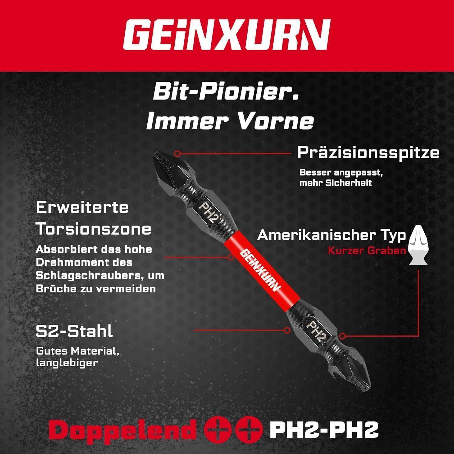 GEINXURN PH2-PH2 doppelseitiger Schraubendreherbit mit Präzisionsspitze, Torsionszone und amerikanischem Kurz-Schaft, beschriftet auf Deutsch.
