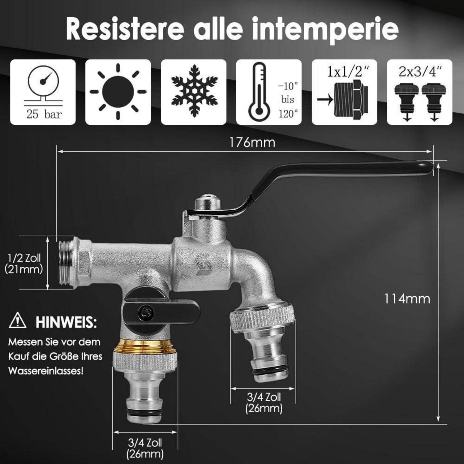 Illustration eines Messingwasserhahns für den Außenbereich mit Hebel, gekennzeichnet für Ganzjahreseinsatz; zeigt 25 bar Druck, Sonne, Frost, -10° bis 120°, und Abmessungen/Einlassgrößen 1/2 Zoll und 3/4 Zoll.