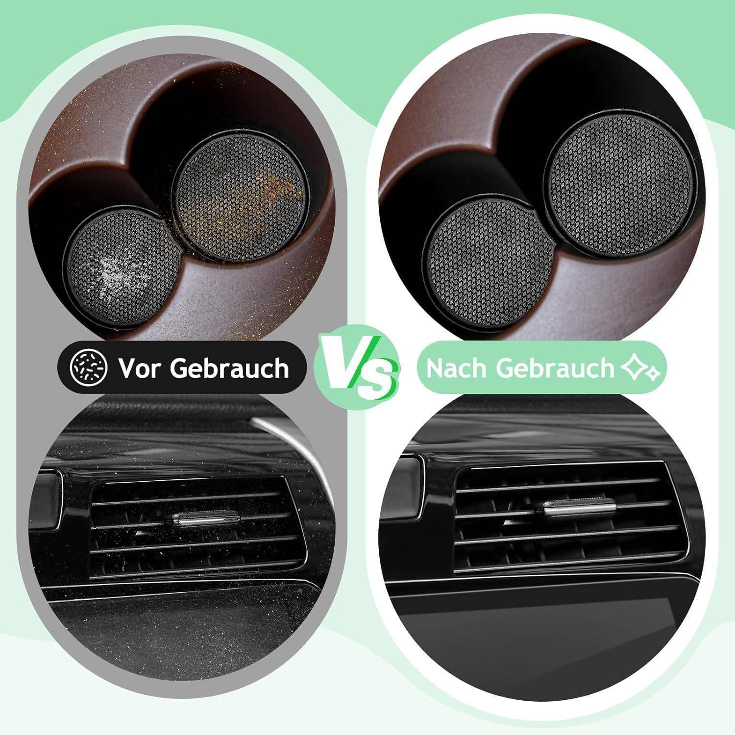 Vorher-Nachher-Vergleich eines Autoreinigungswerkzeugs: verschmutztes Maschenfilter und staubiger Luftauslass auf der linken Seite, sauberes Filter und abgewischter Luftauslass auf der rechten Seite.
