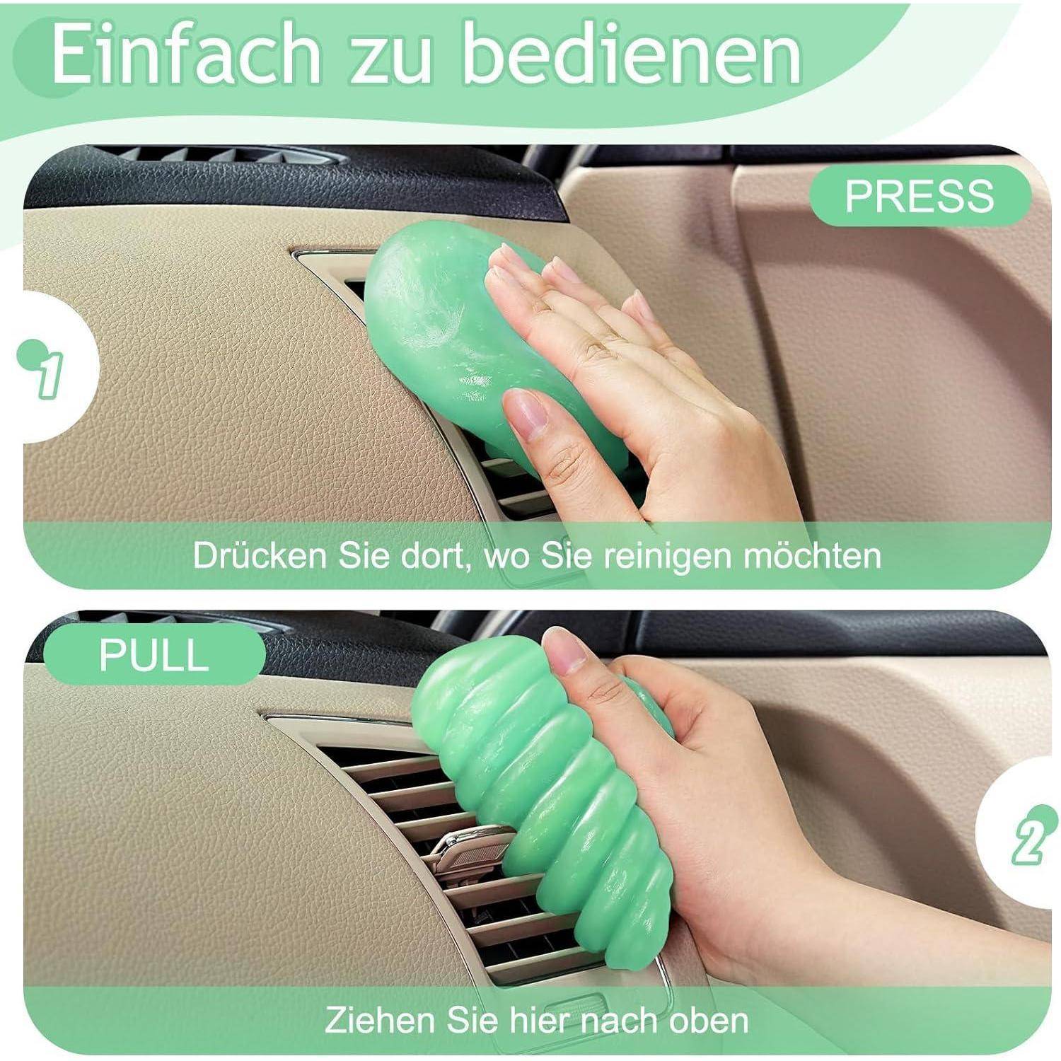 Anleitung zum Reinigen einer Autolüftung: Das Gelreiniger in die Lüftung drücken und dann nach oben ziehen, um Staub zu entfernen.