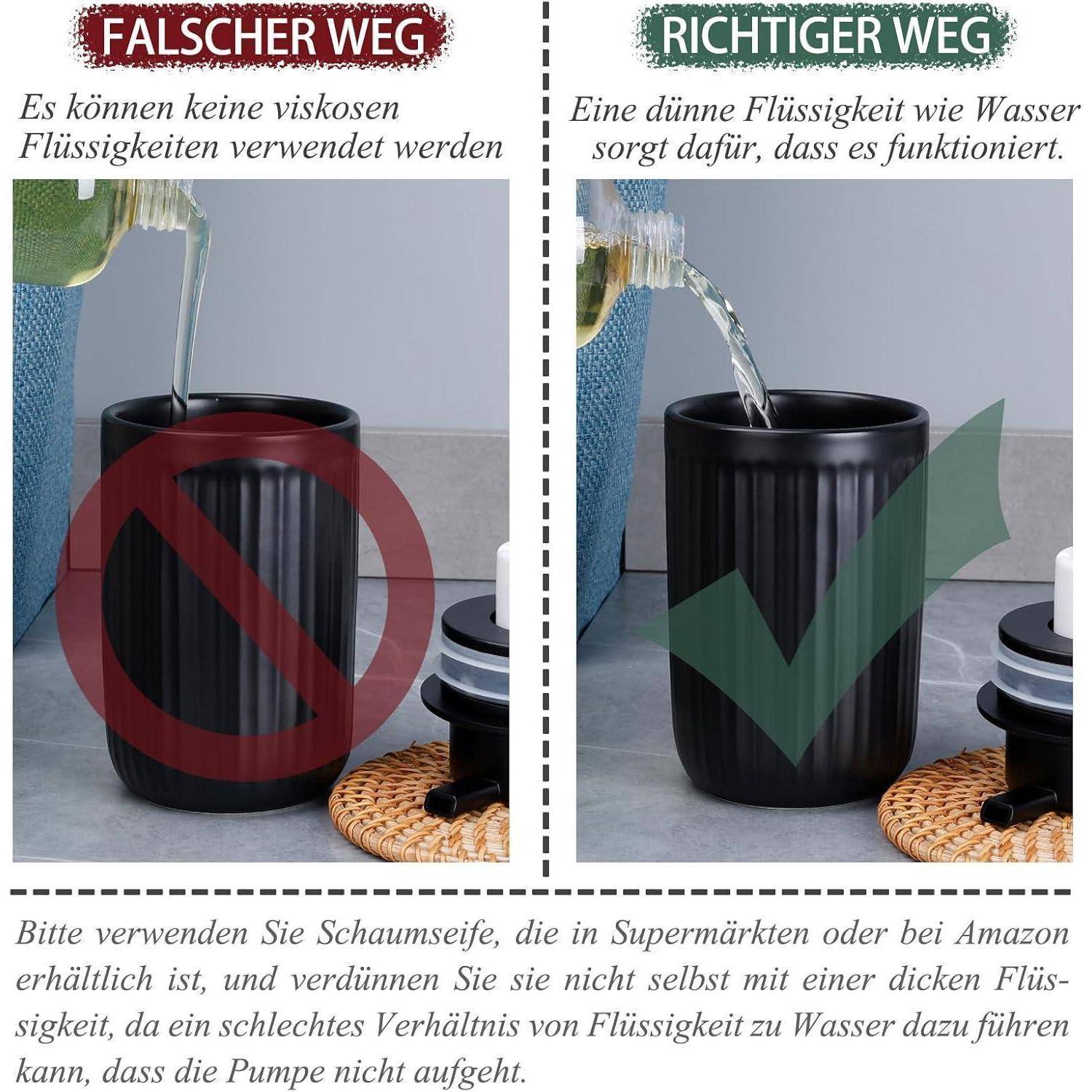Bild mit zwei Seiten zeigt die falsche und richtige Weise, einen Spender nachzufüllen: dicke Flüssigkeit ist durchgestrichen, dünne wasserähnliche Flüssigkeit ist angehakt.