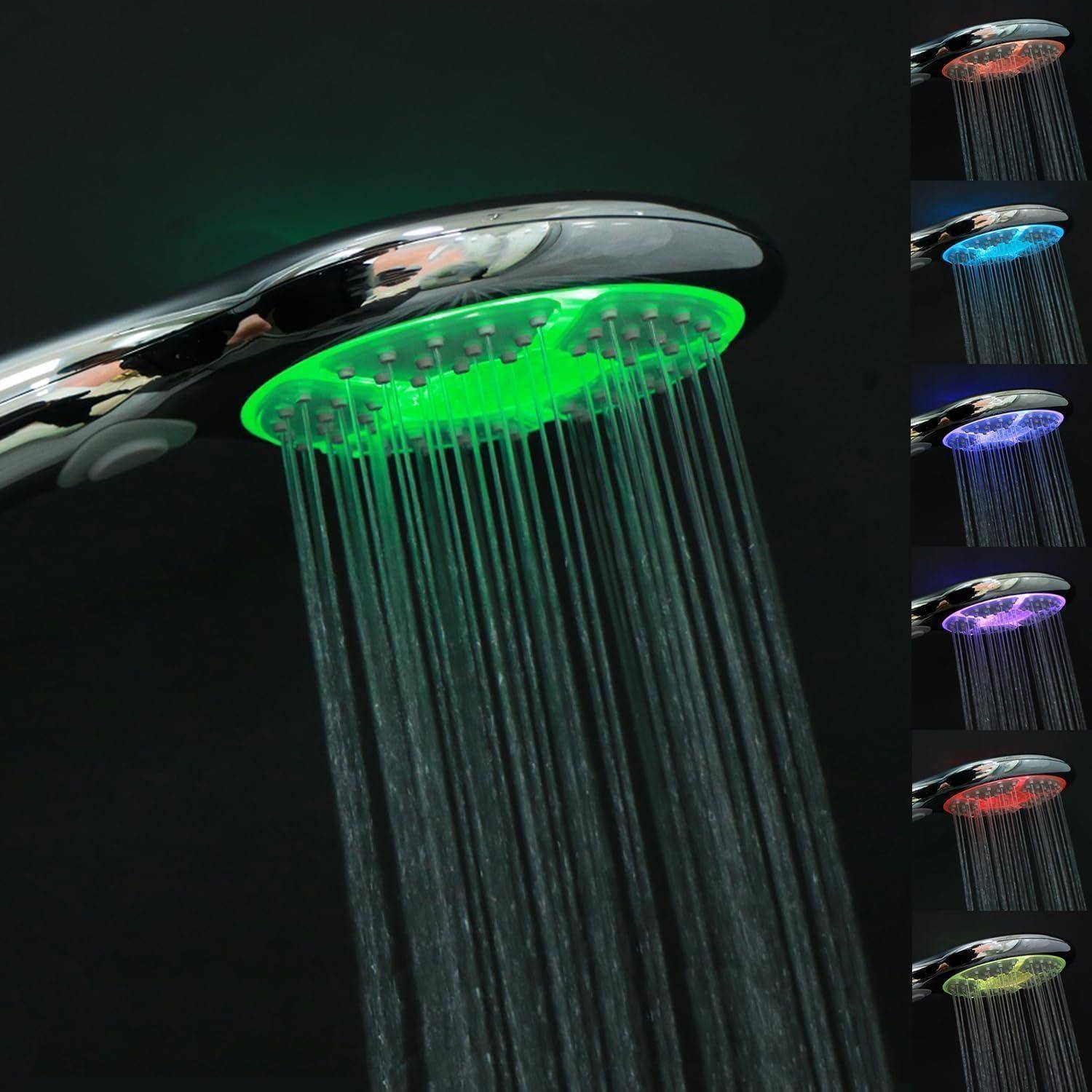 Chrombrausekopf mit Wasserstrahlen, mit farbwechselndem LED-Ring in Grün dargestellt und eingefügte Optionen in Rot, Blau und Lila.